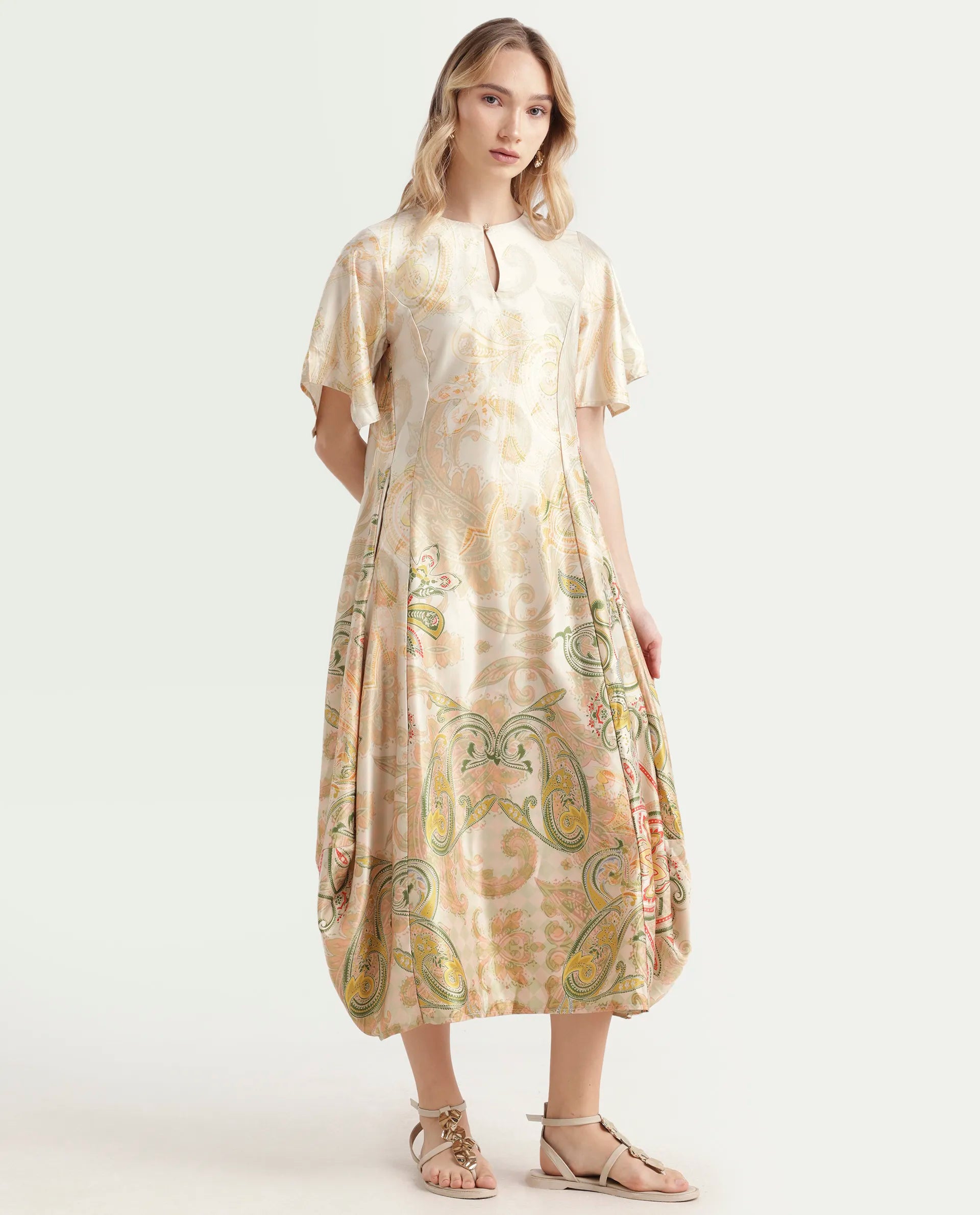 Rareism Women's Ronak Beige Polyester Blend Key Hole Neck Paisley Print Asymmetric Sleeve Midi Relaxed Fit Dress