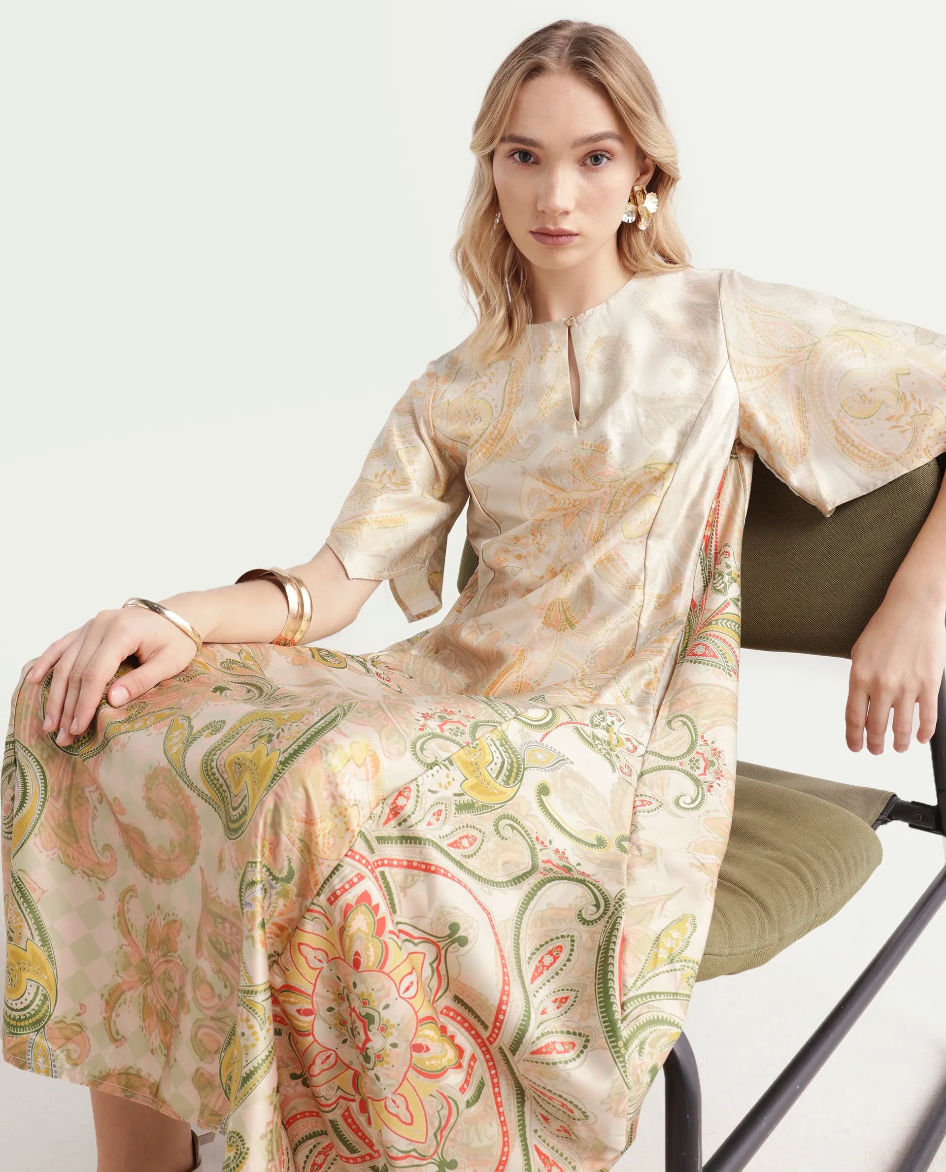 Rareism Women's Ronak Beige Polyester Blend Key Hole Neck Paisley Print Asymmetric Sleeve Midi Relaxed Fit Dress