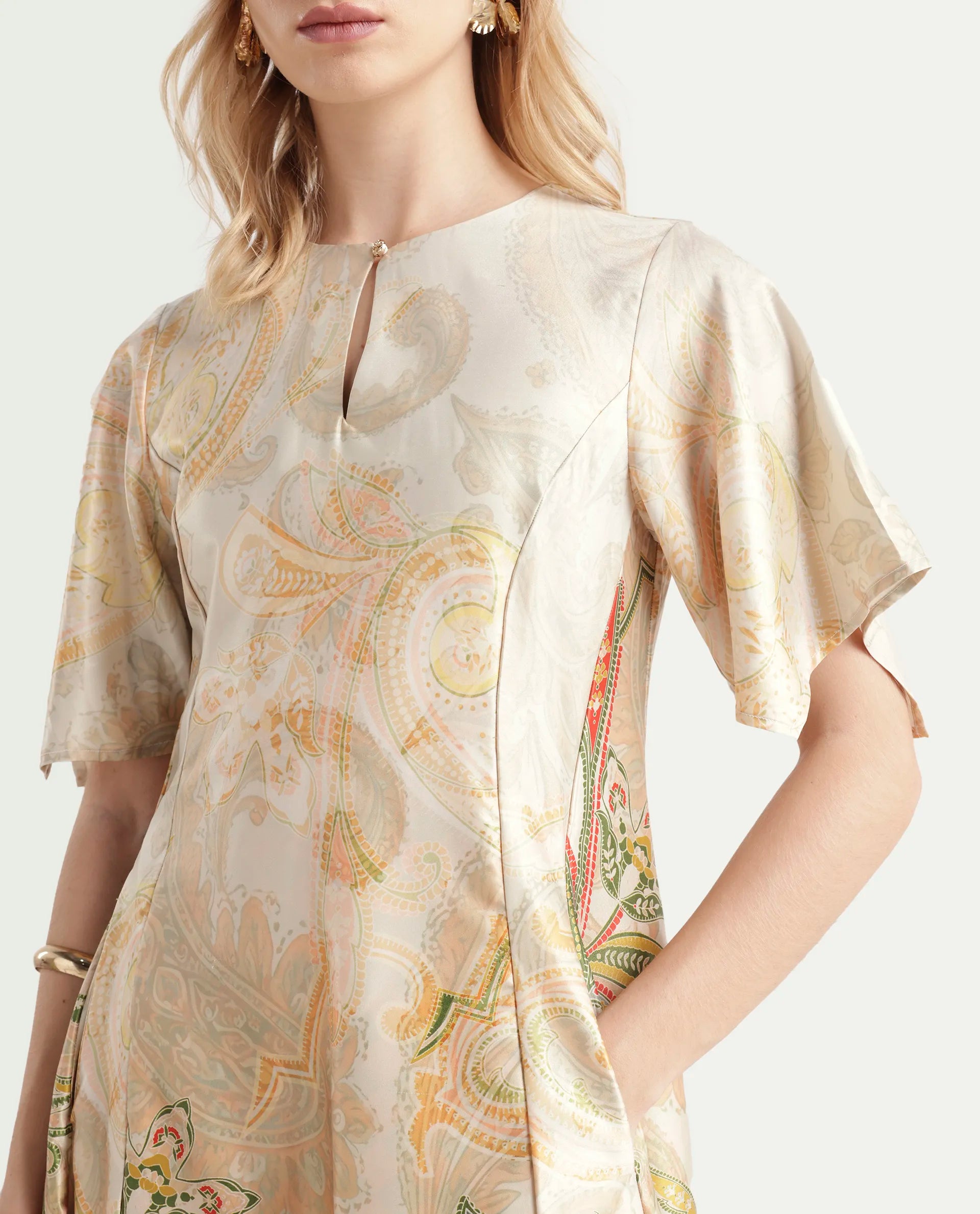 Rareism Women's Ronak Beige Polyester Blend Key Hole Neck Paisley Print Asymmetric Sleeve Midi Relaxed Fit Dress