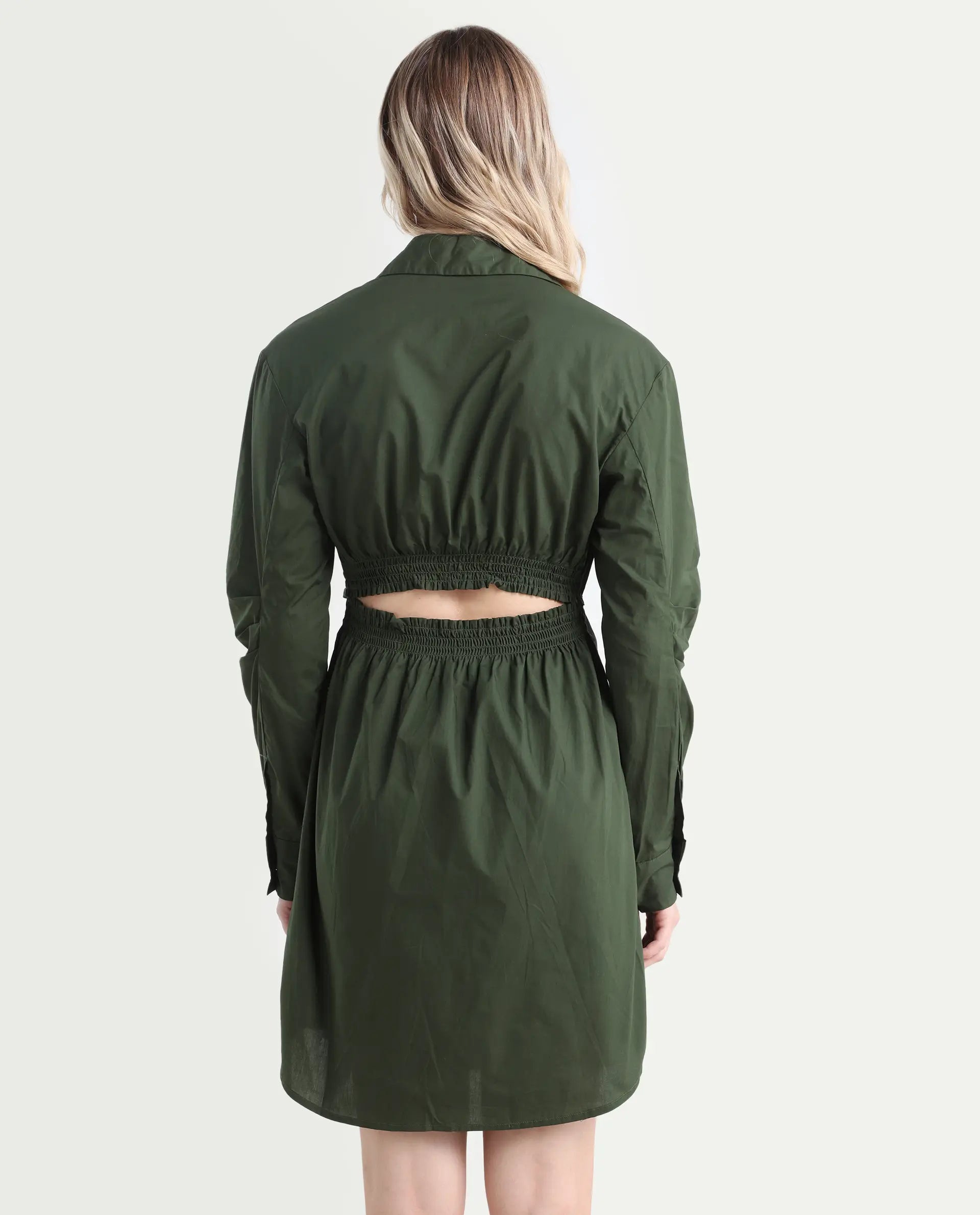 Rareism Women's Ronal Dark Olive Cotton Spread Collar Plain Cuffed Sleeve Knee Length A-Line Dress