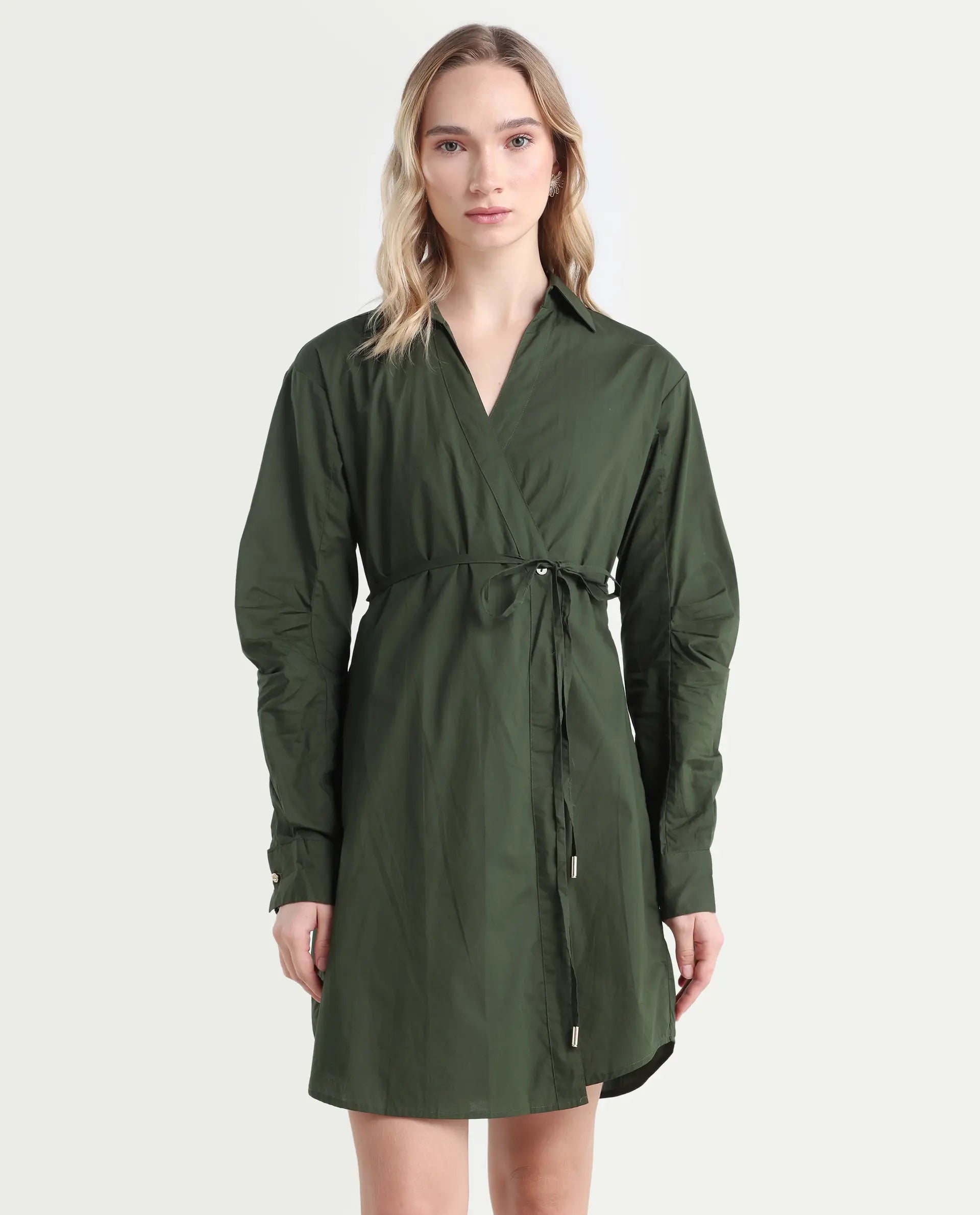 Rareism Women's Ronal Dark Olive Cotton Spread Collar Plain Cuffed Sleeve Knee Length A-Line Dress