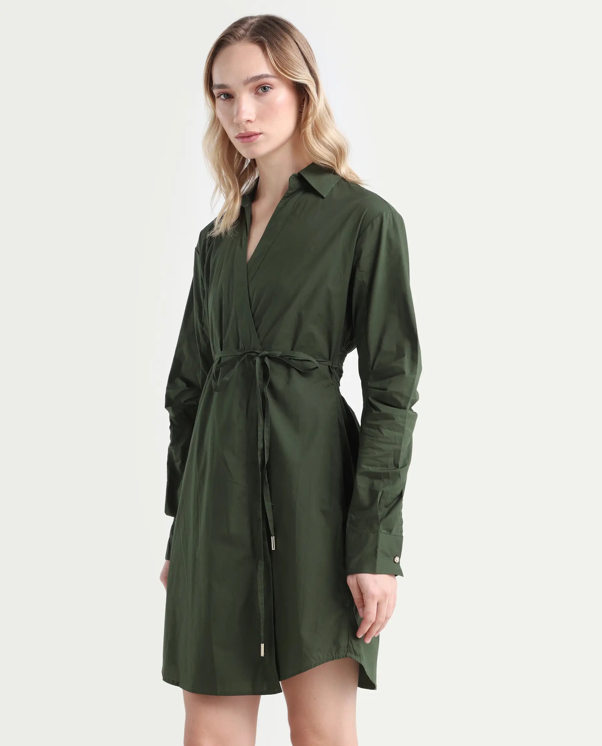 Rareism Women's Ronal Dark Olive Cotton Spread Collar Plain Cuffed Sleeve Knee Length A-Line Dress