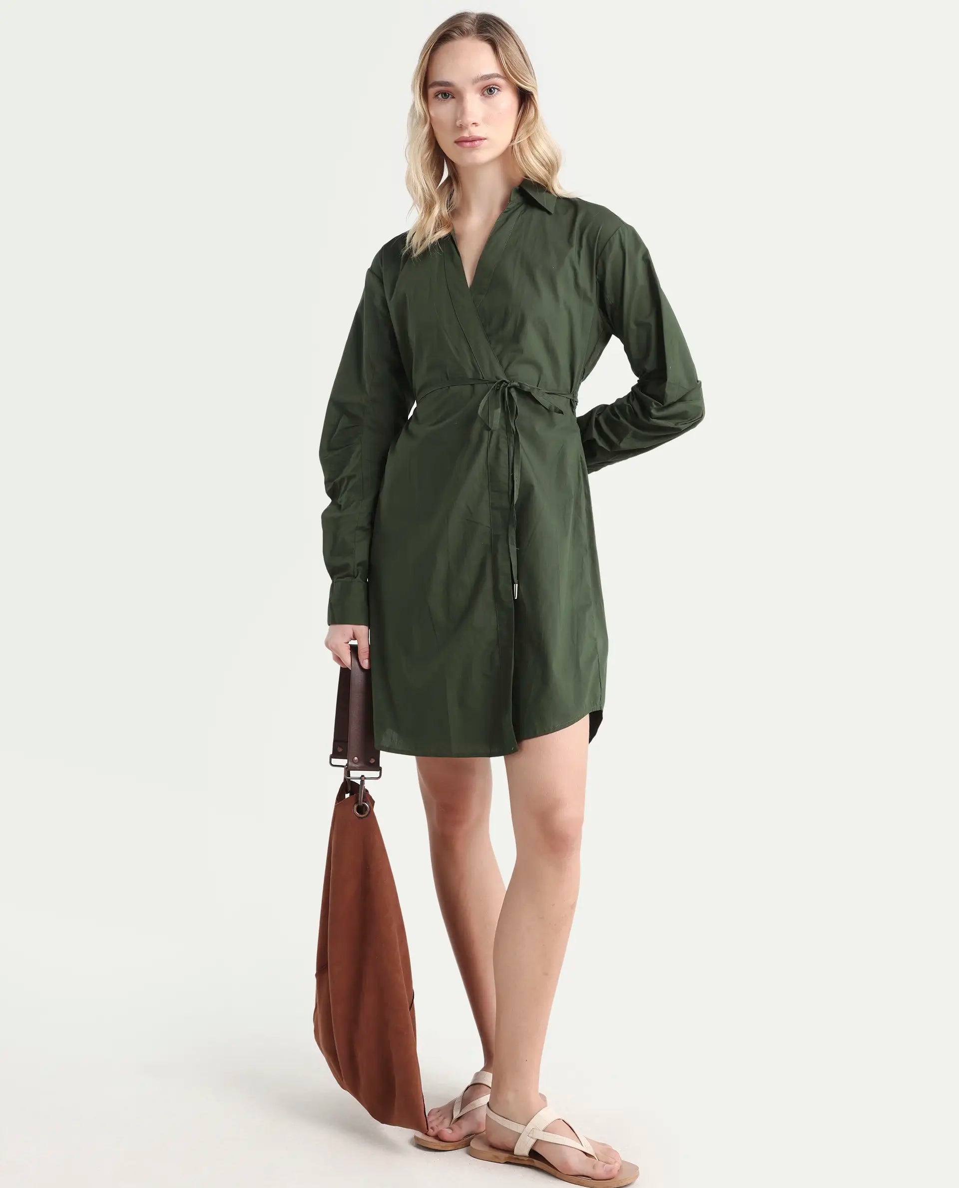 Rareism Women's Ronal Dark Olive Cotton Spread Collar Plain Cuffed Sleeve Knee Length A-Line Dress