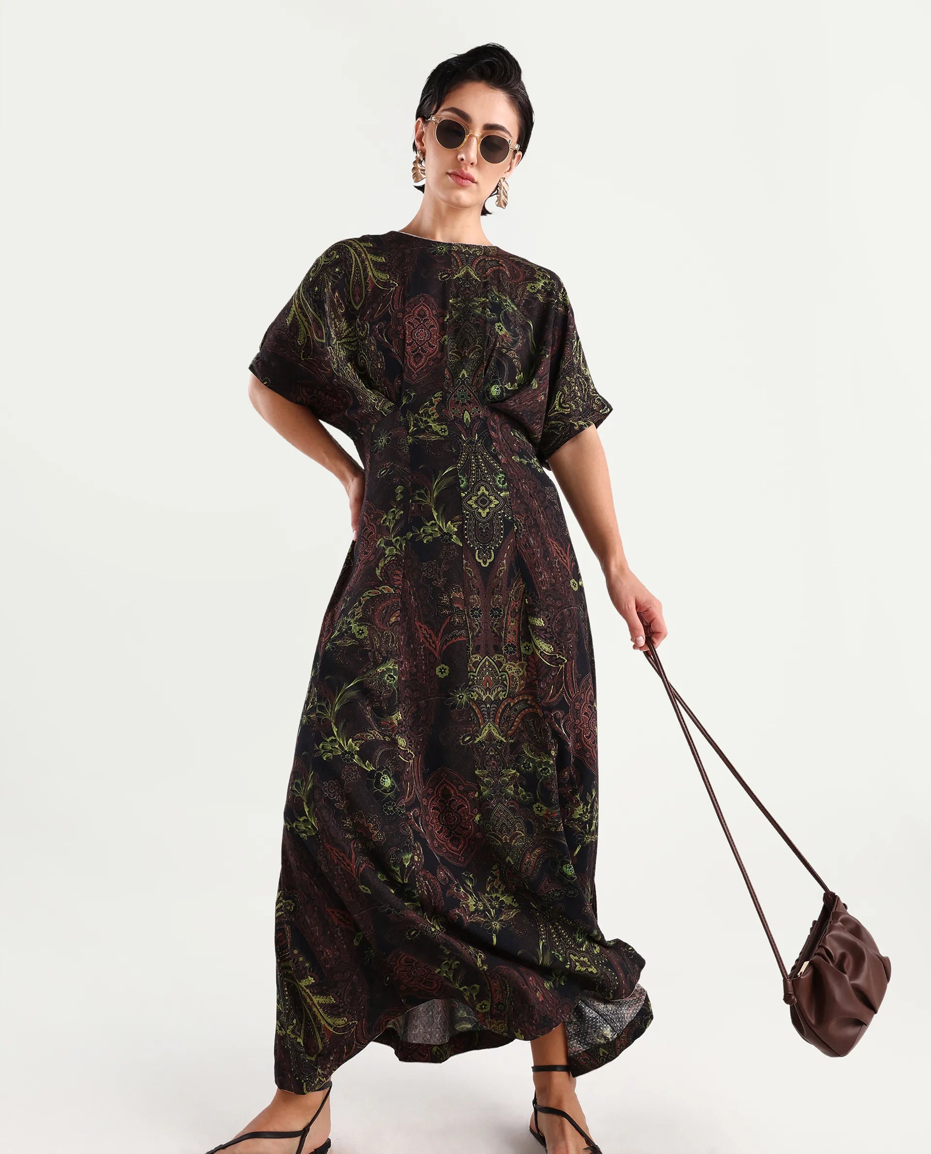Rareism Women's Ronam Dark Multi Viscose Round Neck Paisley Print Kimono Sleeve Maxi Flared Dress