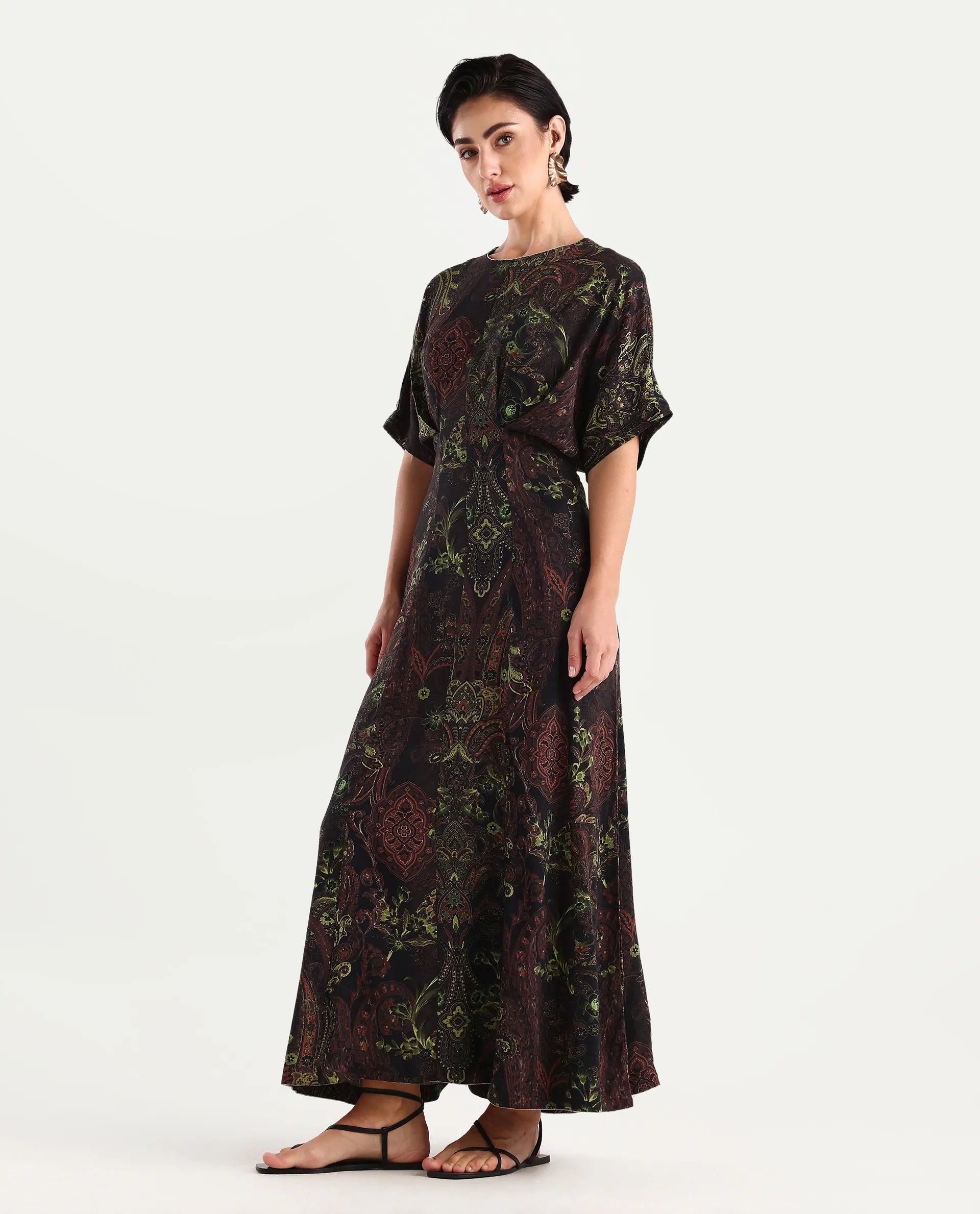 Rareism Women's Ronam Dark Multi Viscose Round Neck Paisley Print Kimono Sleeve Maxi Flared Dress
