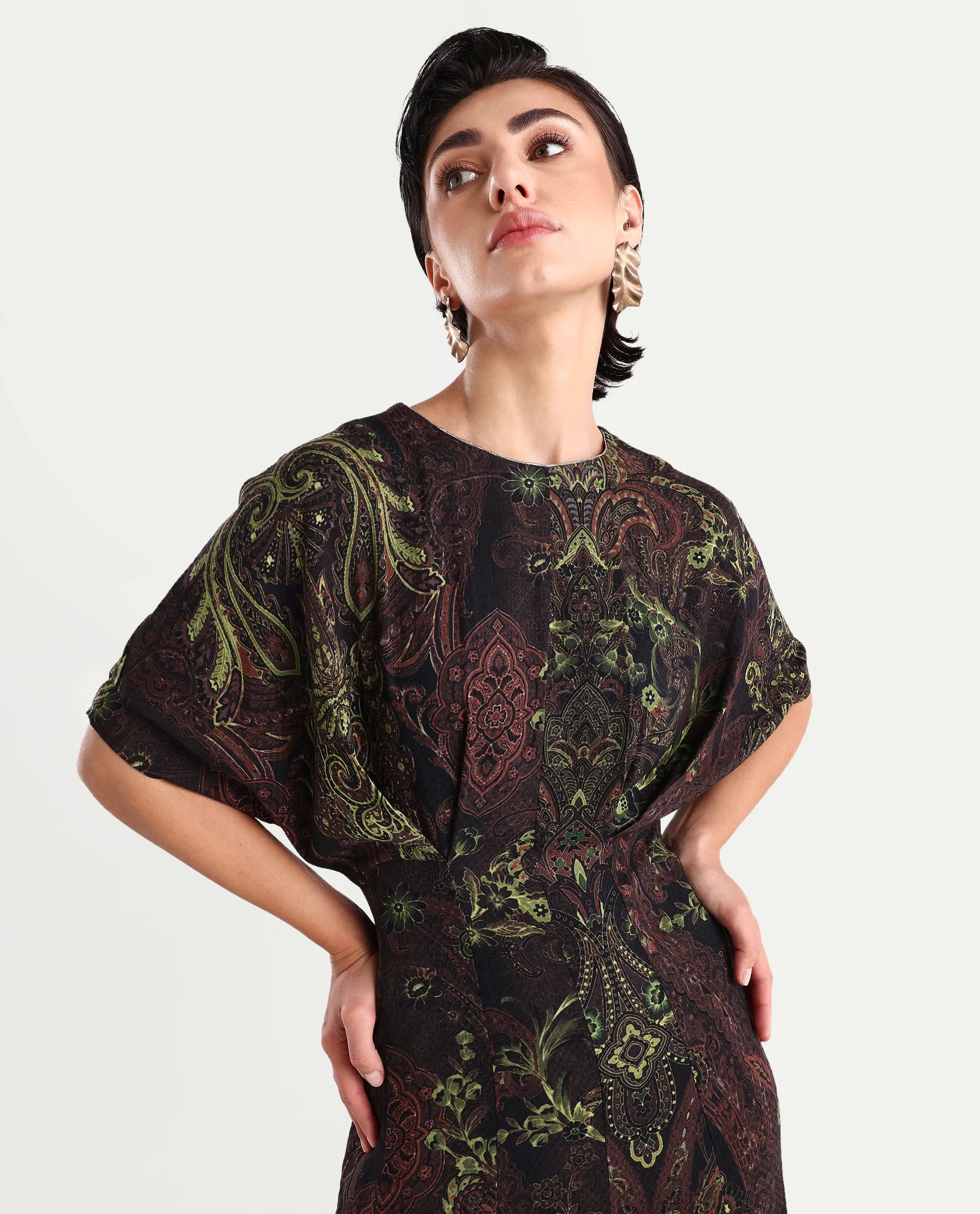 Rareism Women's Ronam Dark Multi Viscose Round Neck Paisley Print Kimono Sleeve Maxi Flared Dress