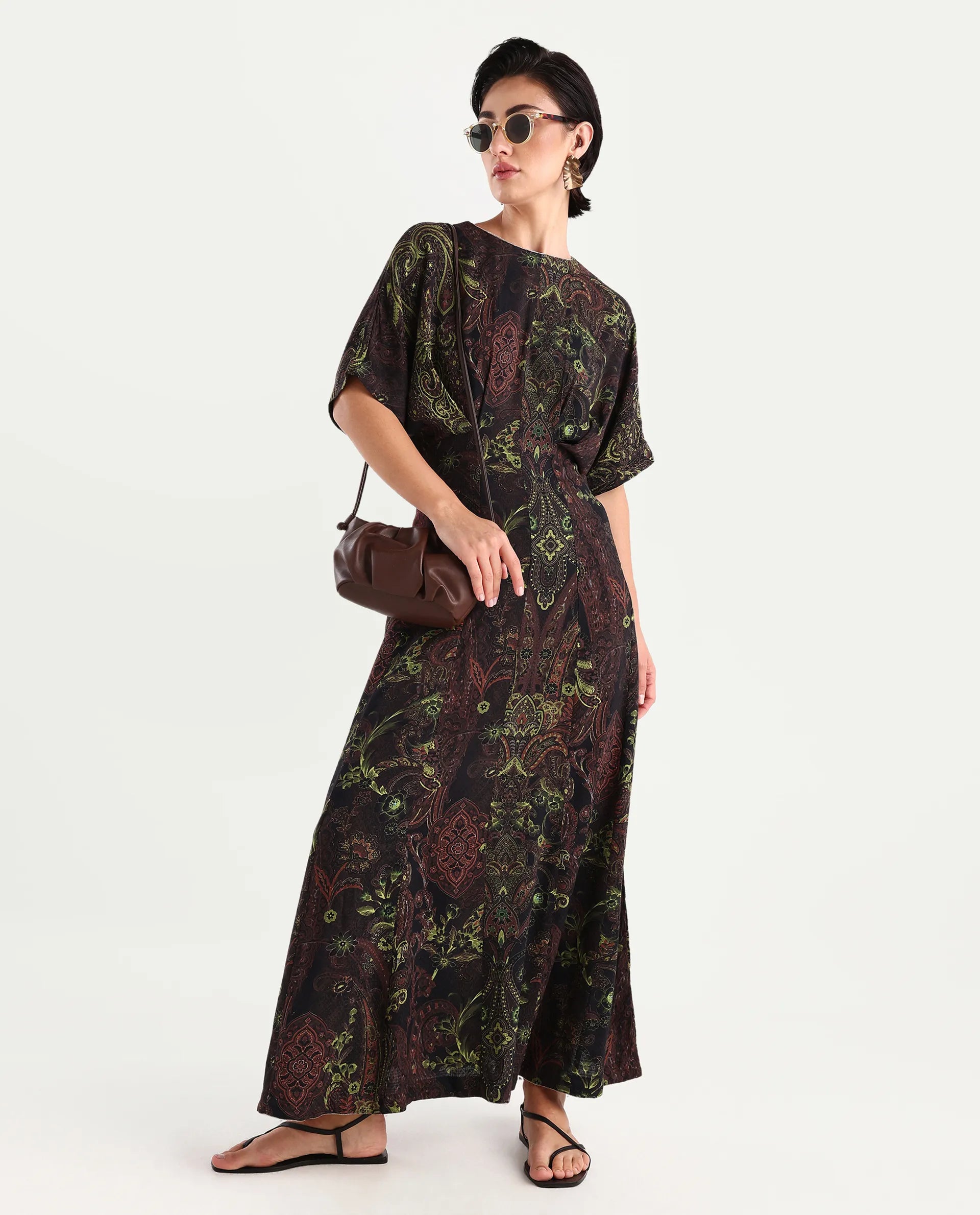 Rareism Women's Ronam Dark Multi Viscose Round Neck Paisley Print Kimono Sleeve Maxi Flared Dress
