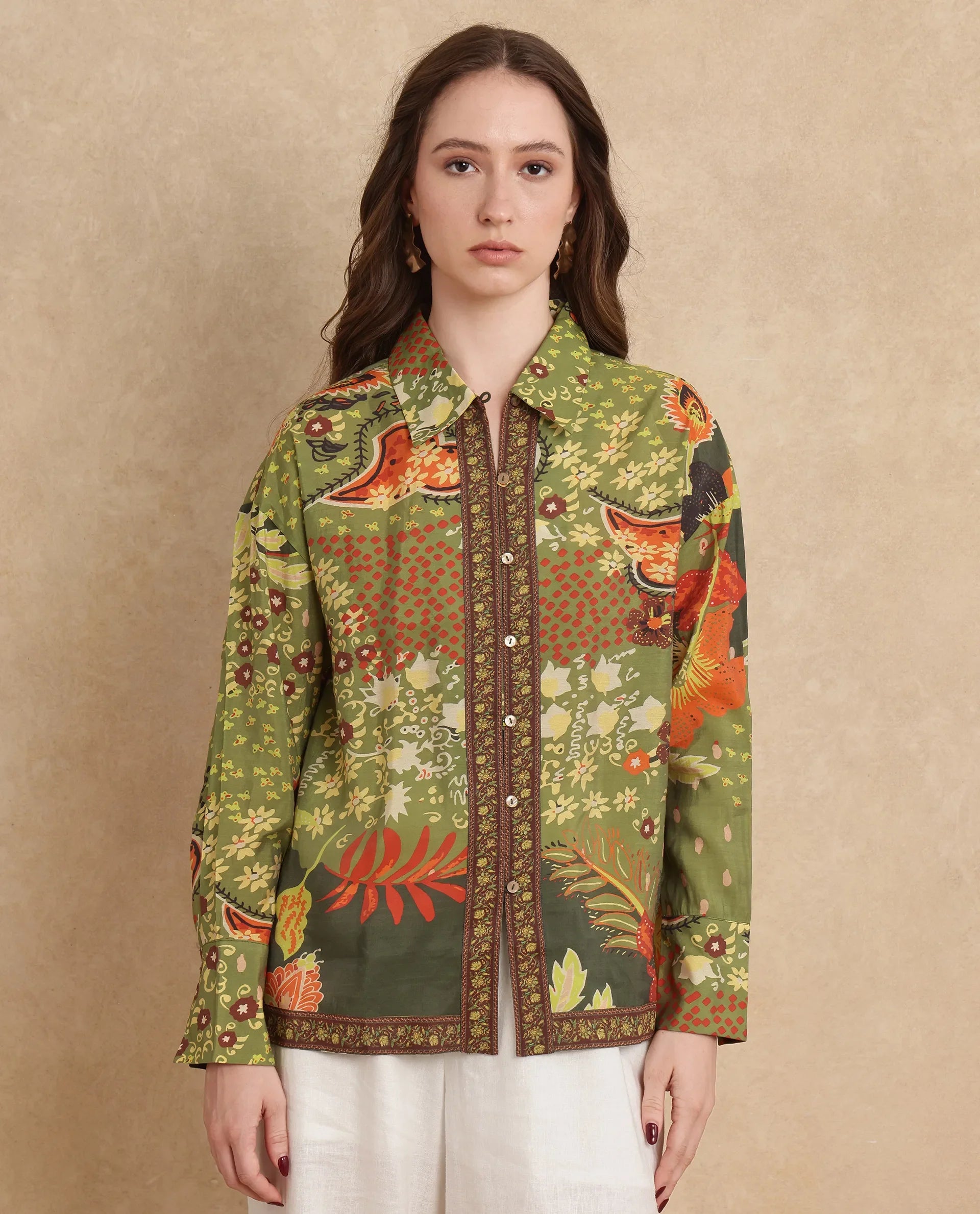 Rareism Women Ronan Multi Viscose Blend Fabric Cuffed Sleeve Collared Neck Regular Fit Abstract Print Shirt