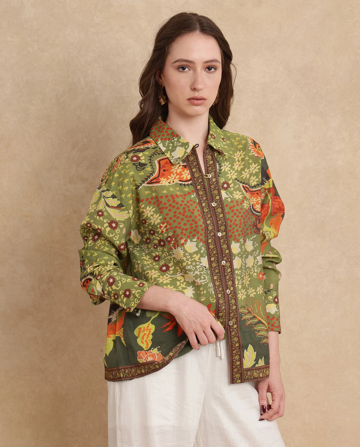 Rareism Women Ronan Multi Viscose Blend Fabric Cuffed Sleeve Collared Neck Regular Fit Abstract Print Shirt