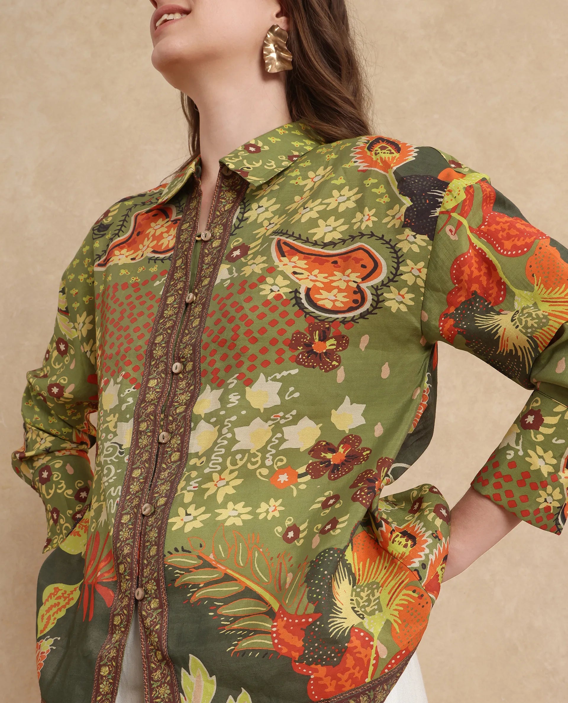 Rareism Women Ronan Multi Viscose Blend Fabric Cuffed Sleeve Collared Neck Regular Fit Abstract Print Shirt