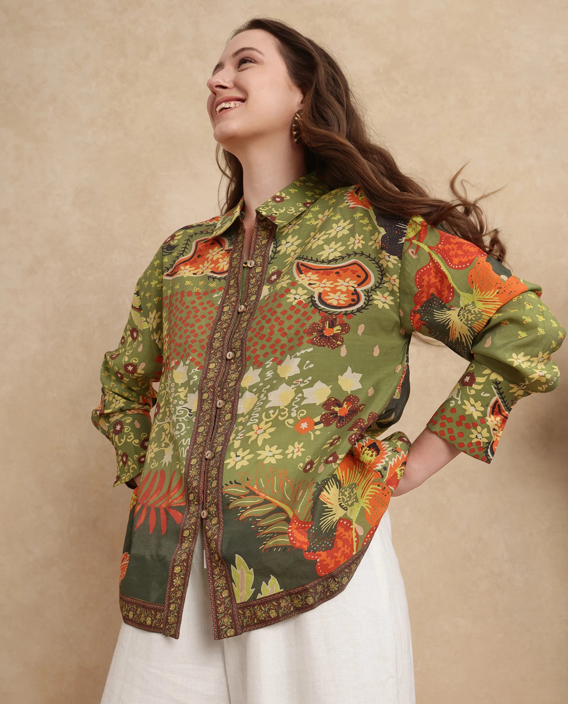 Rareism Women Ronan Multi Viscose Blend Fabric Cuffed Sleeve Collared Neck Regular Fit Abstract Print Shirt