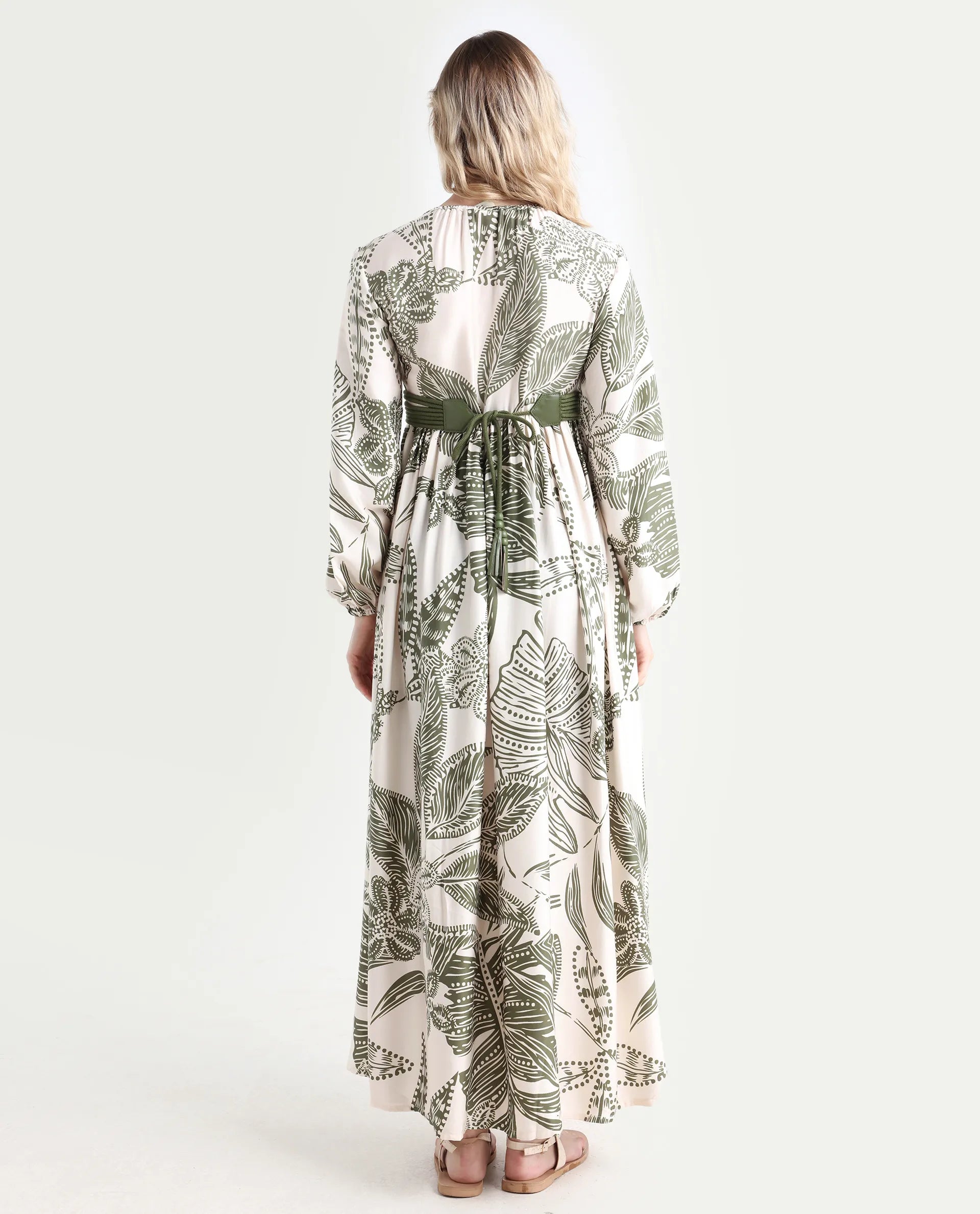 Rareism Women's Ronap Beige Modal V-Neck Floral Print Bishop Sleeve Maxi Fit And Flare Dress