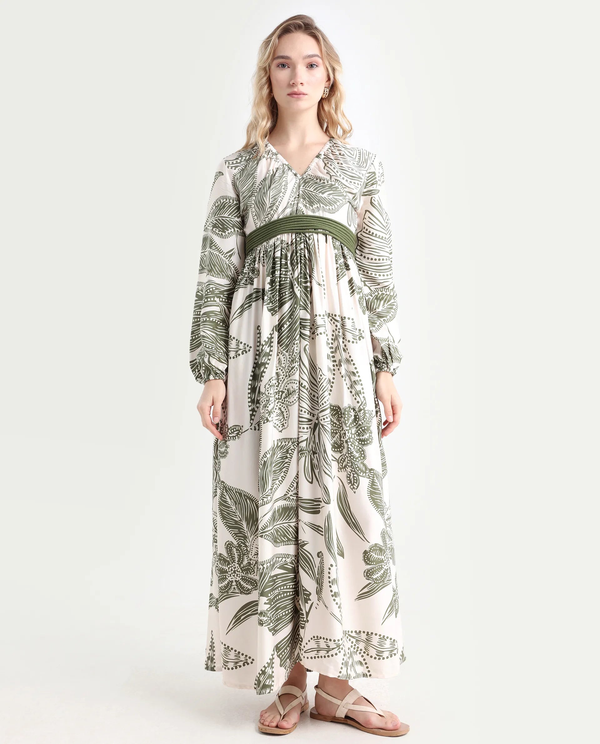 Rareism Women's Ronap Beige Modal V-Neck Floral Print Bishop Sleeve Maxi Fit And Flare Dress