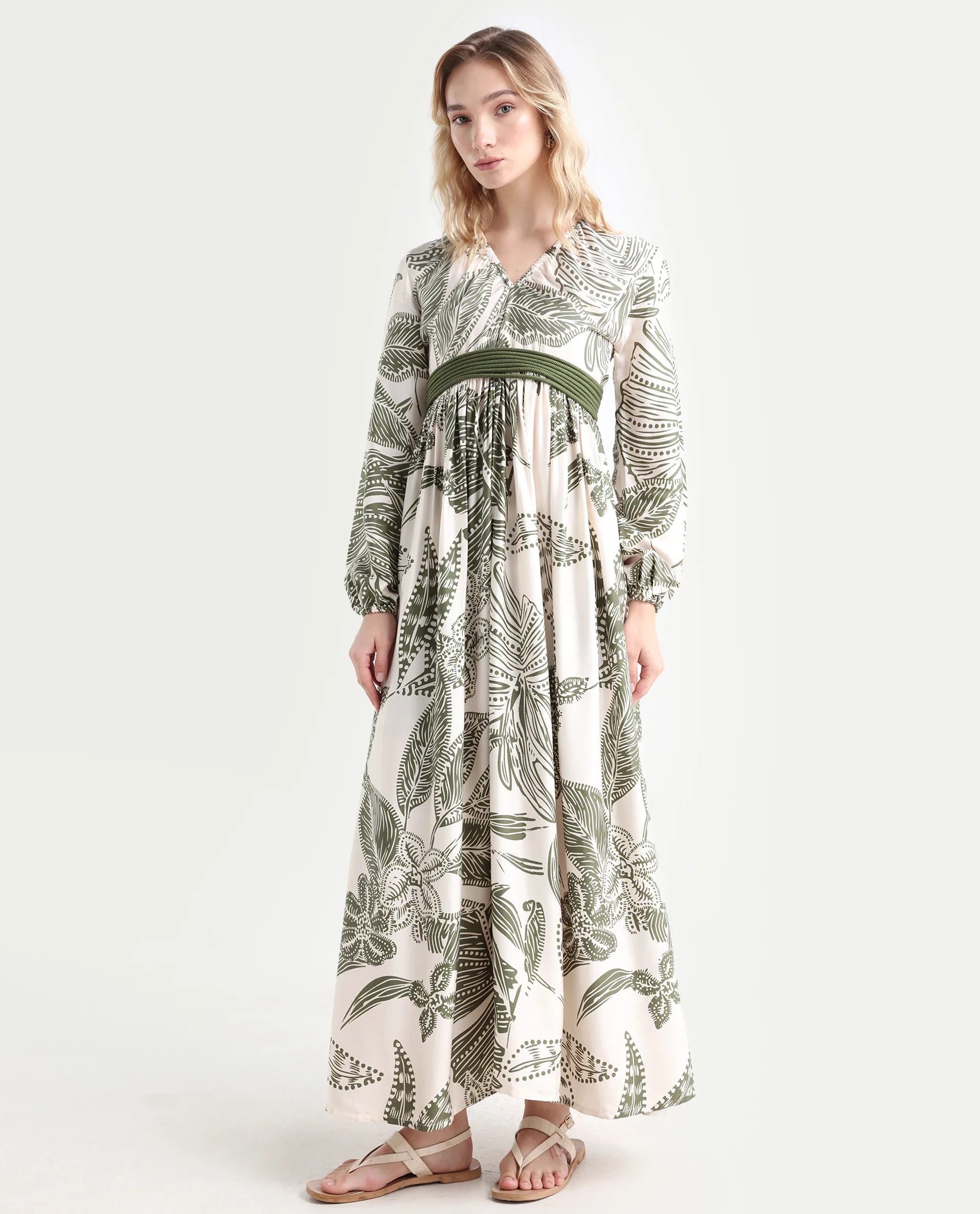 Rareism Women's Ronap Beige Modal V-Neck Floral Print Bishop Sleeve Maxi Fit And Flare Dress