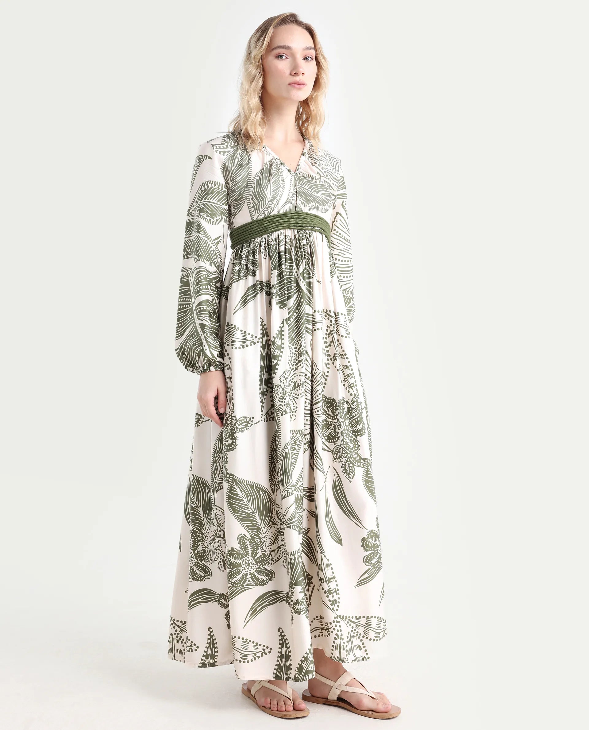 Rareism Women's Ronap Beige Modal V-Neck Floral Print Bishop Sleeve Maxi Fit And Flare Dress