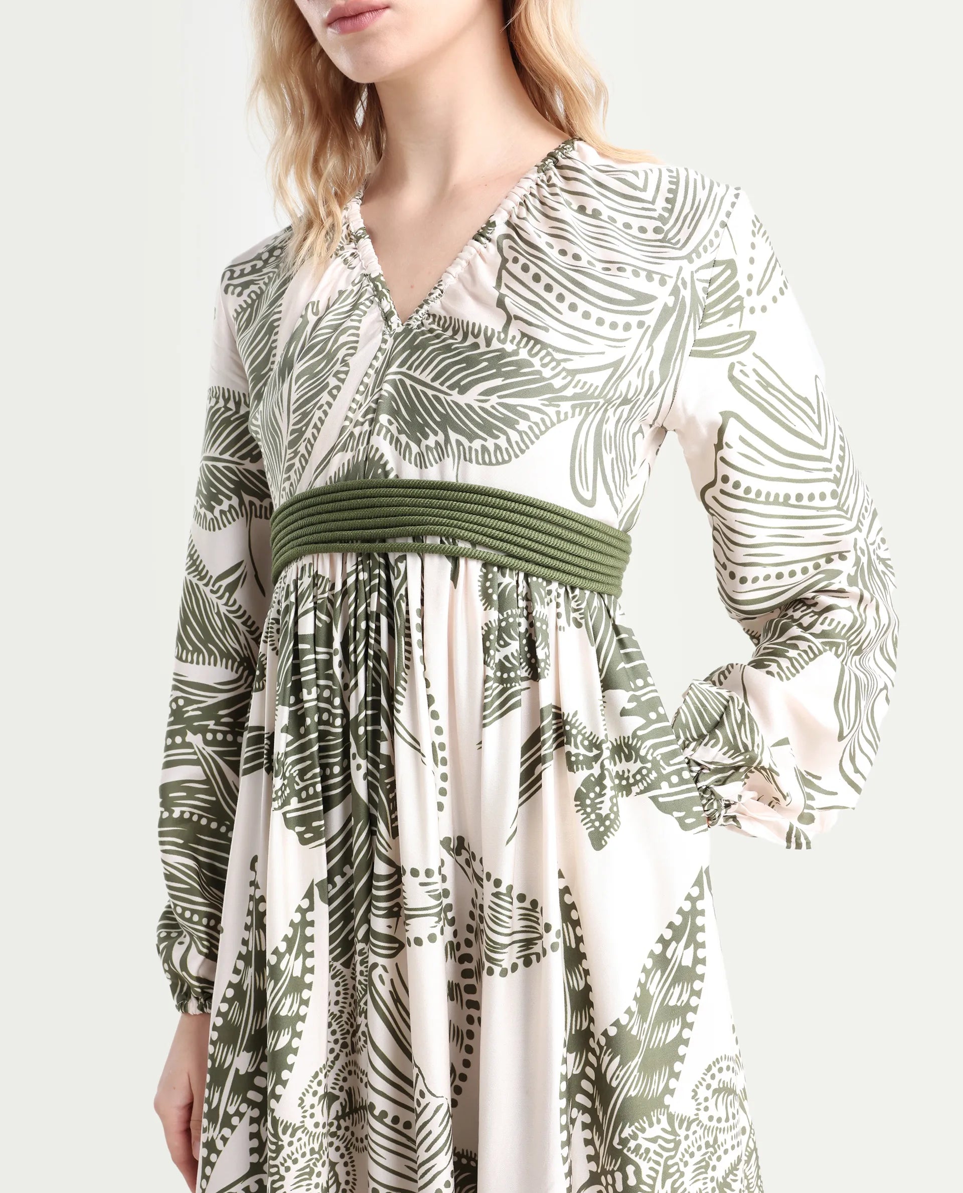 Rareism Women's Ronap Beige Modal V-Neck Floral Print Bishop Sleeve Maxi Fit And Flare Dress