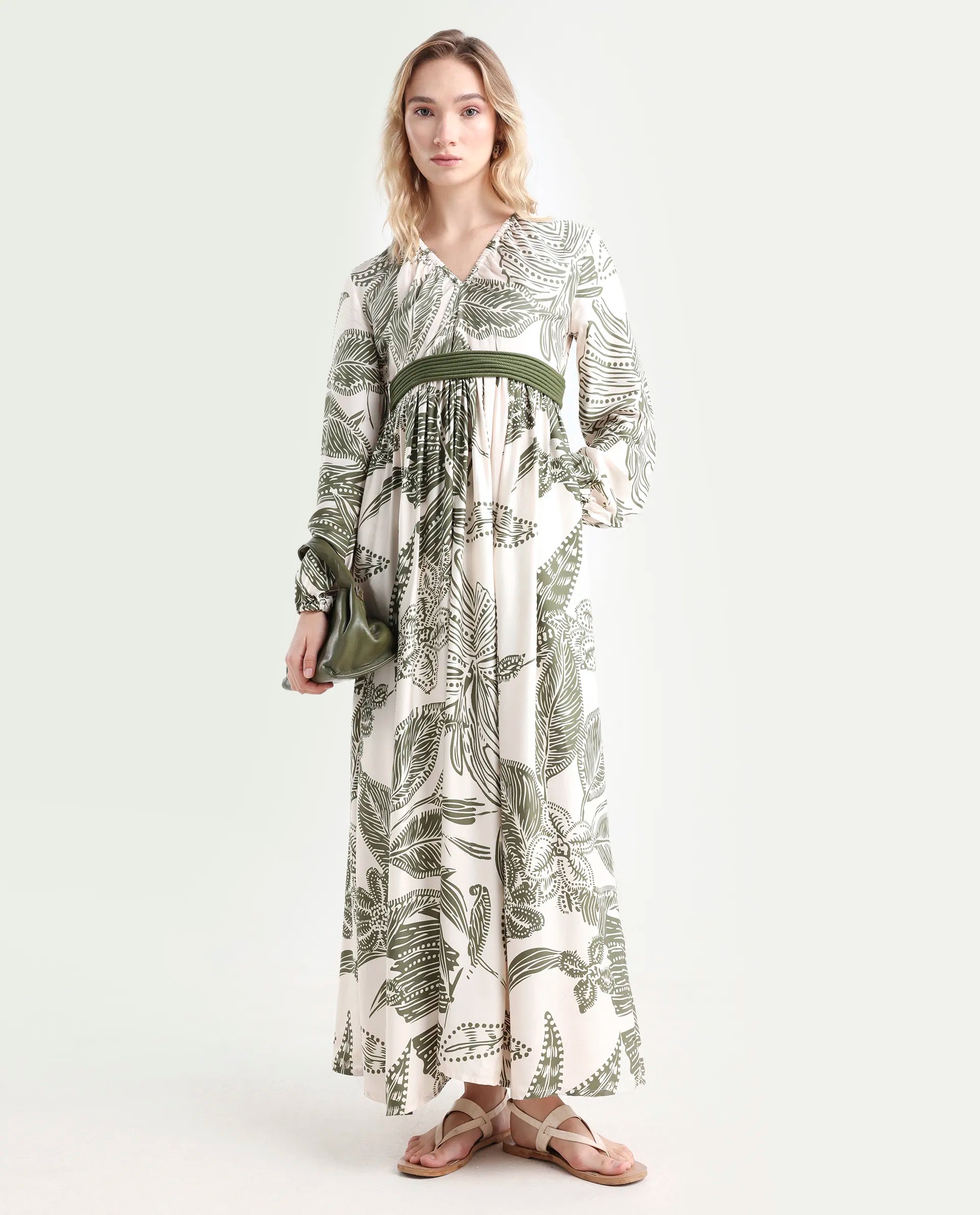 Rareism Women's Ronap Beige Modal V-Neck Floral Print Bishop Sleeve Maxi Fit And Flare Dress