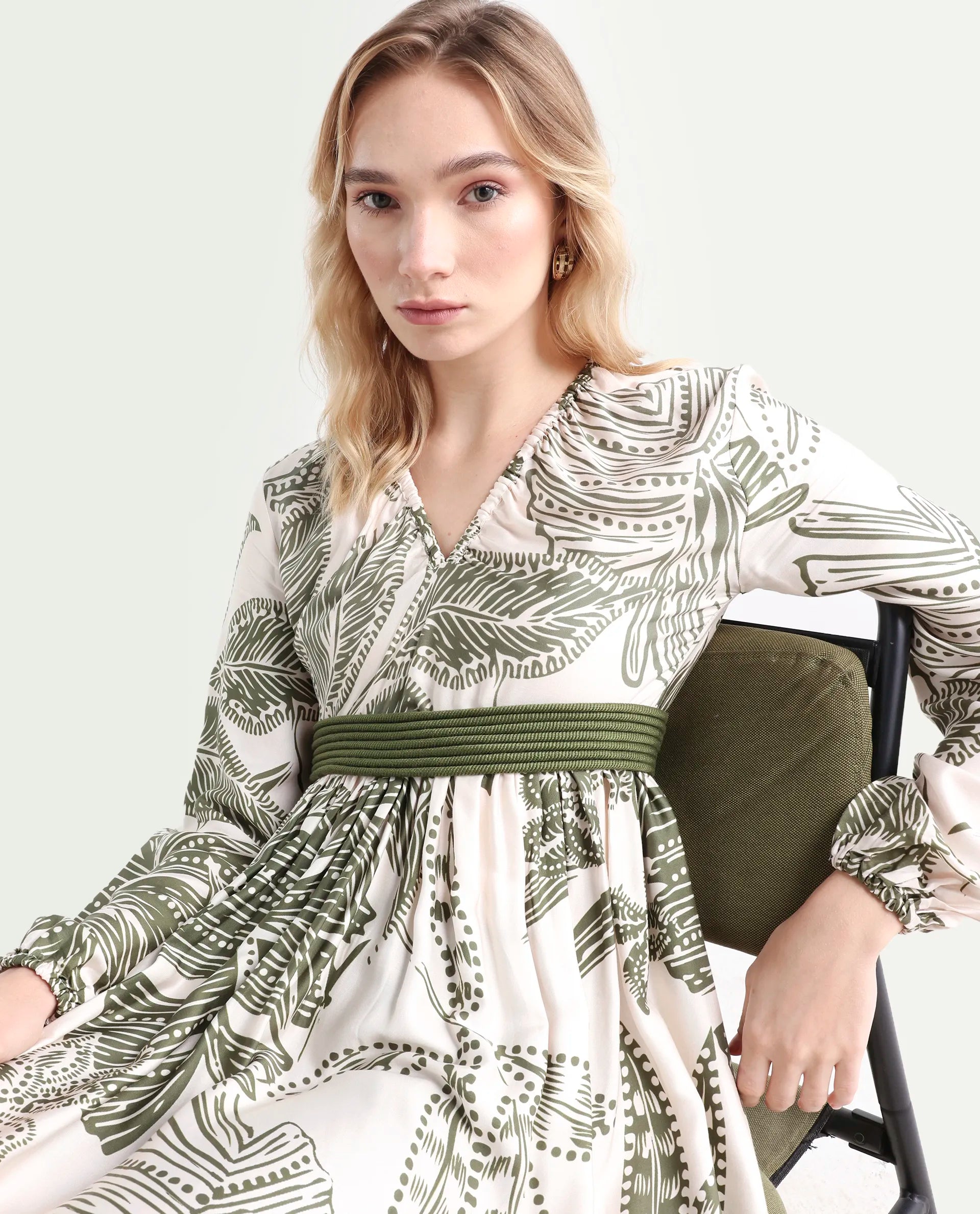 Rareism Women's Ronap Beige Modal V-Neck Floral Print Bishop Sleeve Maxi Fit And Flare Dress