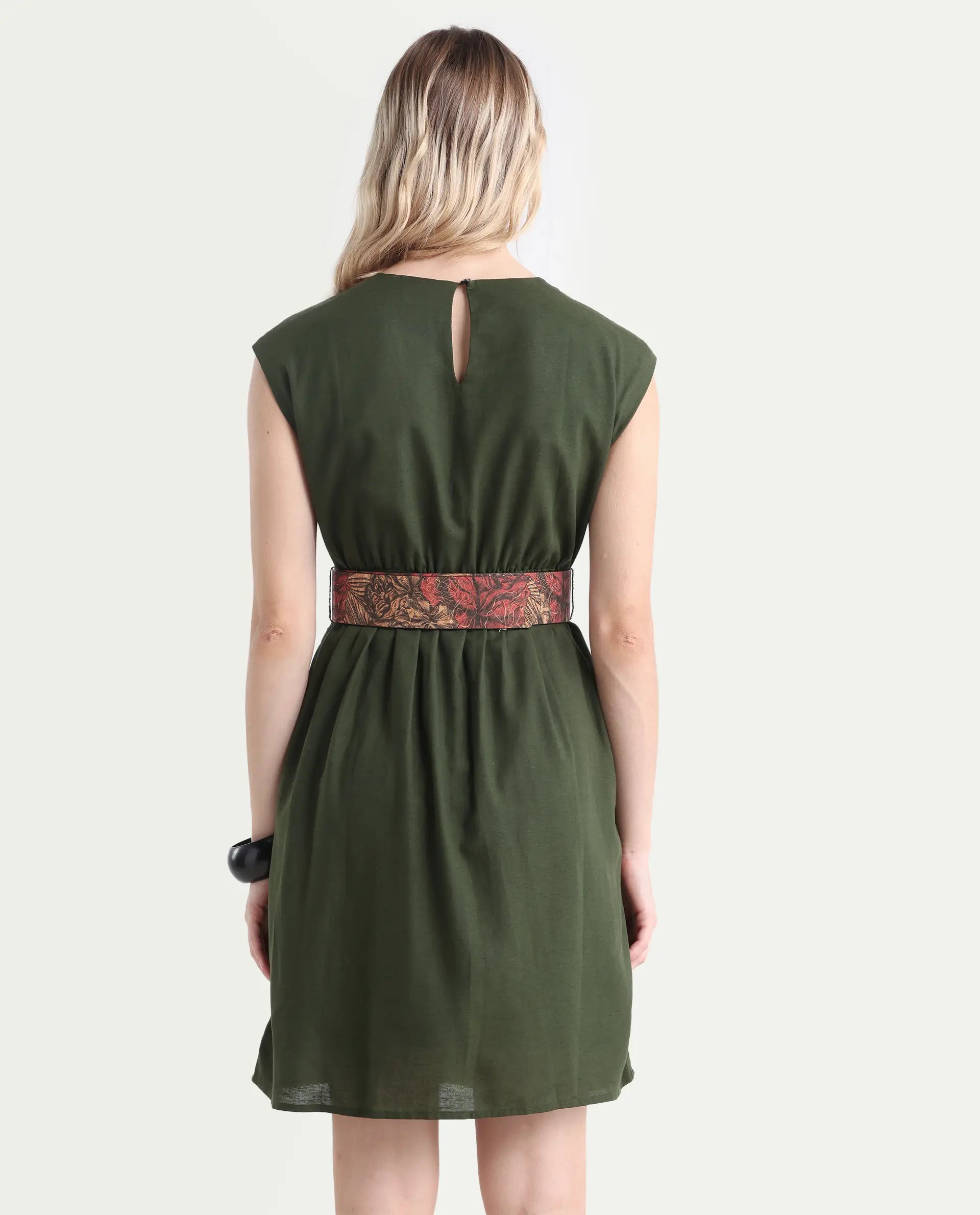 Rareism Women's Ronas Olive Cotton Blend Round Neck Plain Sleeveless Mini A-Line Dress