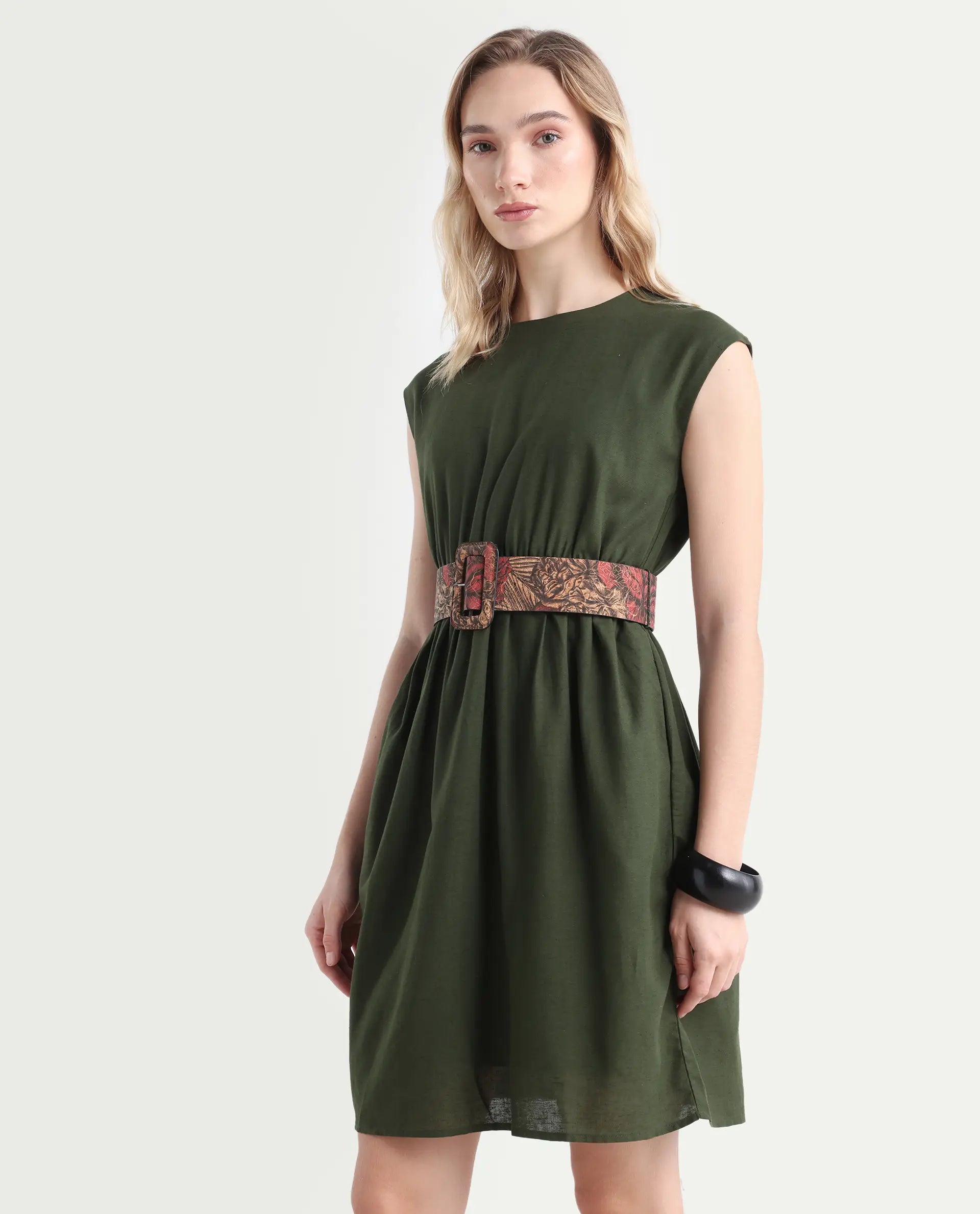 Rareism Women's Ronas Olive Cotton Blend Round Neck Plain Sleeveless Mini A-Line Dress