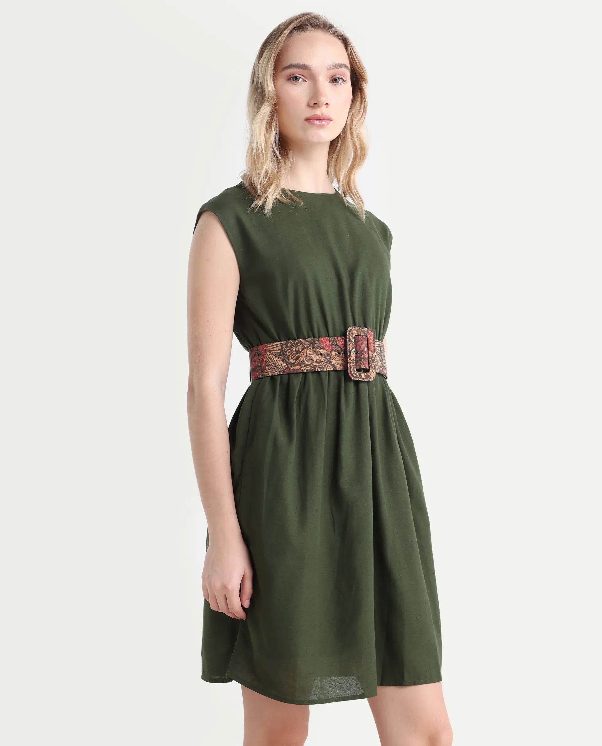 Rareism Women's Ronas Olive Cotton Blend Round Neck Plain Sleeveless Mini A-Line Dress