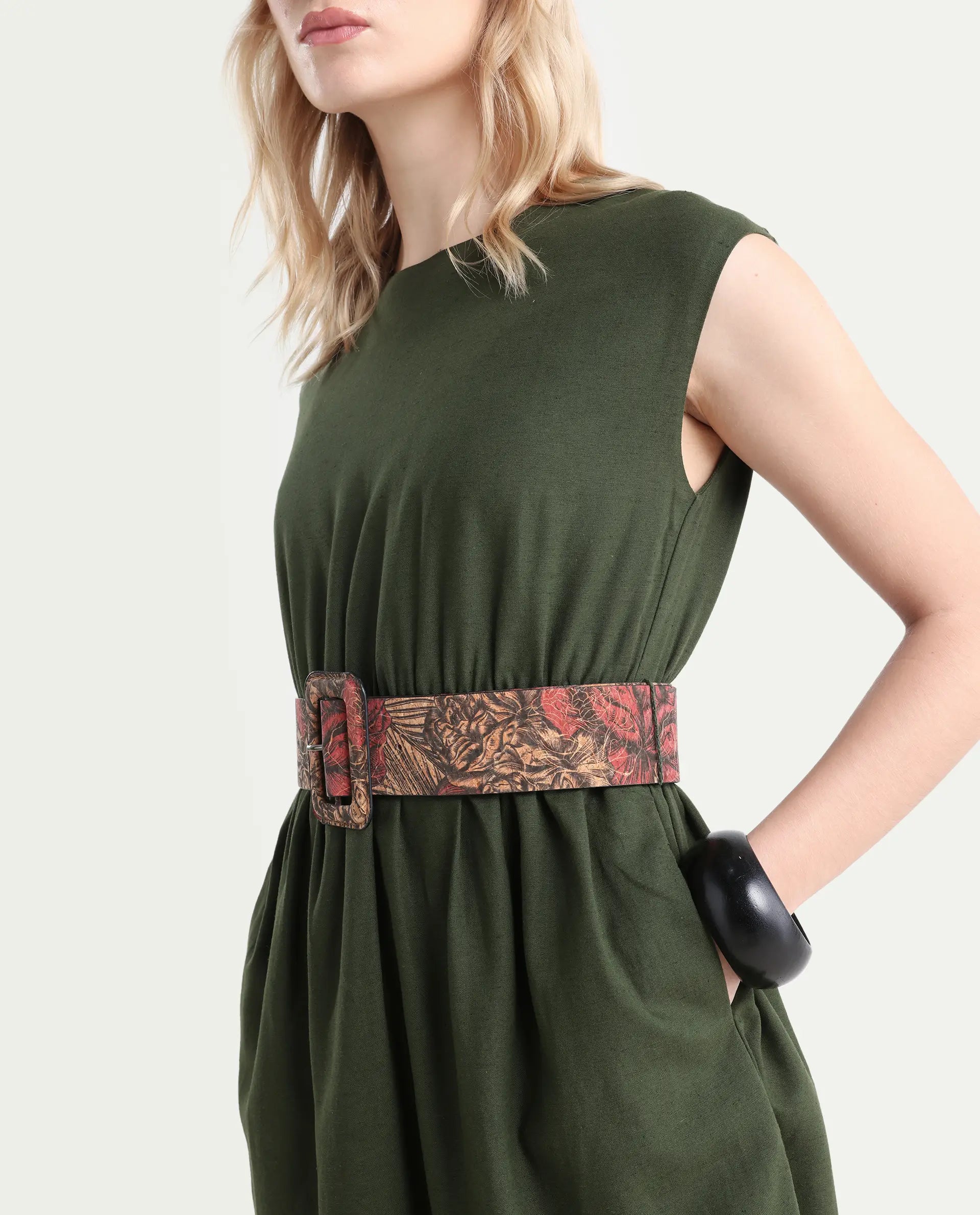 Rareism Women's Ronas Olive Cotton Blend Round Neck Plain Sleeveless Mini A-Line Dress