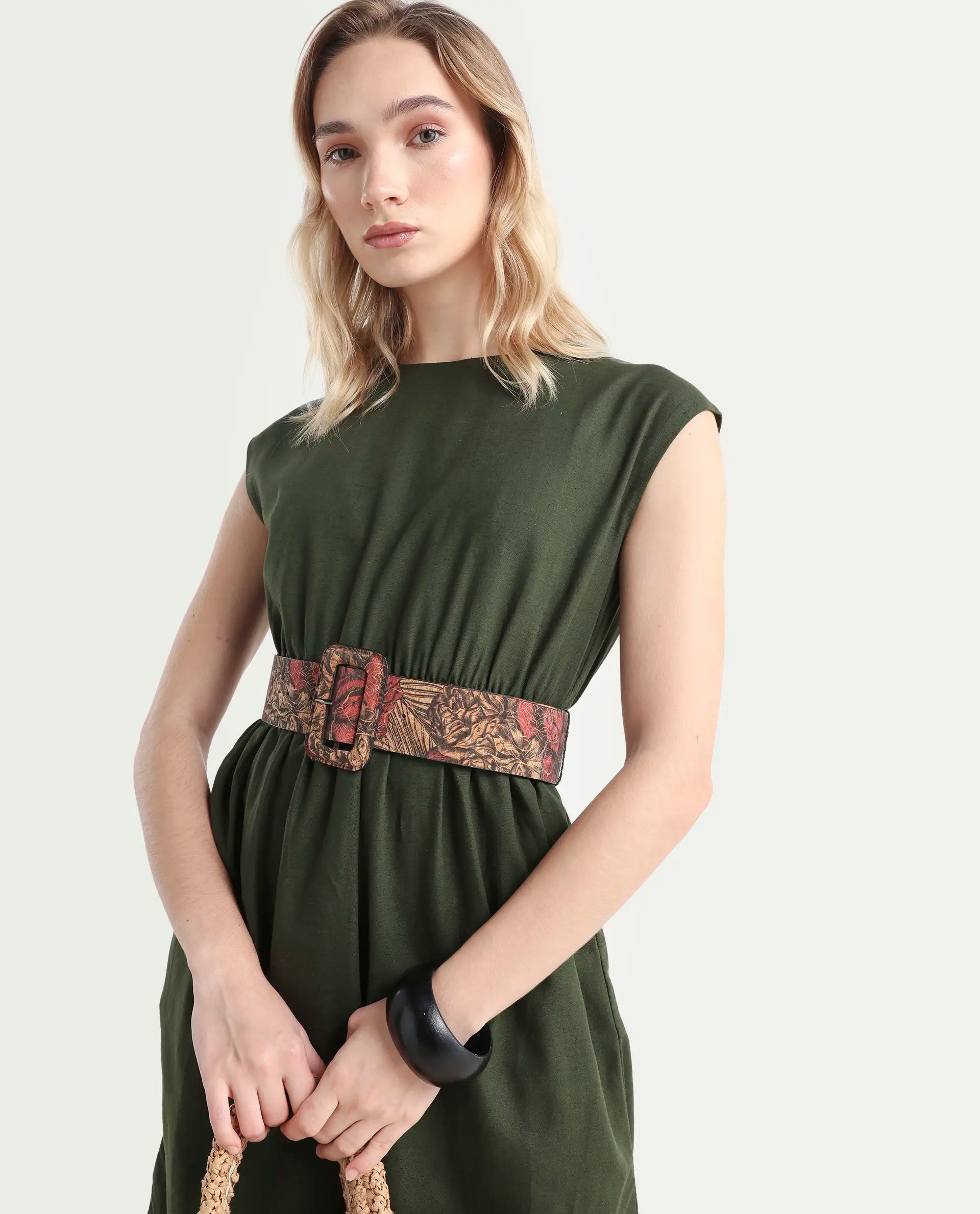 Rareism Women's Ronas Olive Cotton Blend Round Neck Plain Sleeveless Mini A-Line Dress