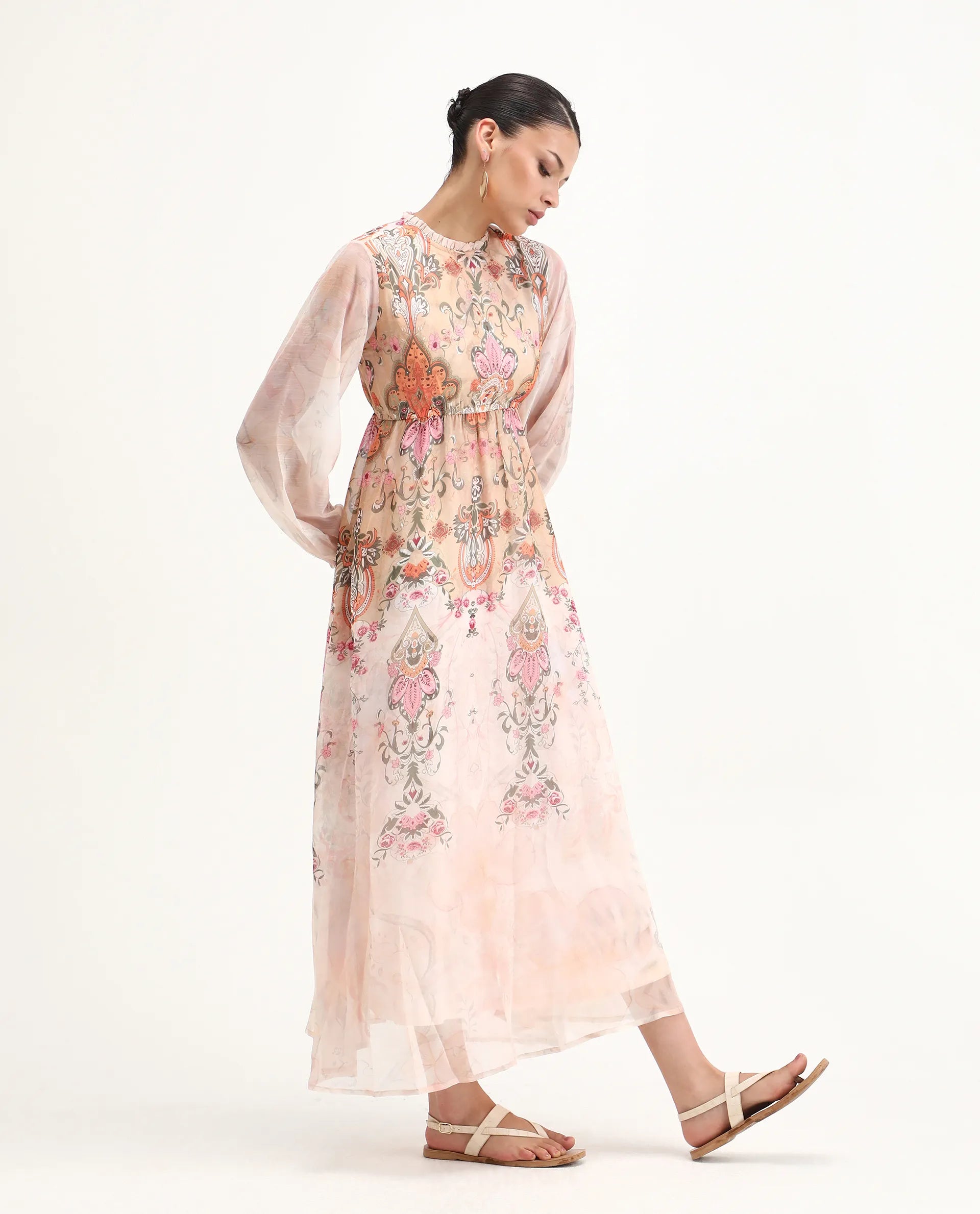 Rareism Women's Ronav Beige Polyester Ruffled Neck Floral Print Bishop Sleeve Maxi Fit And Flare Dress