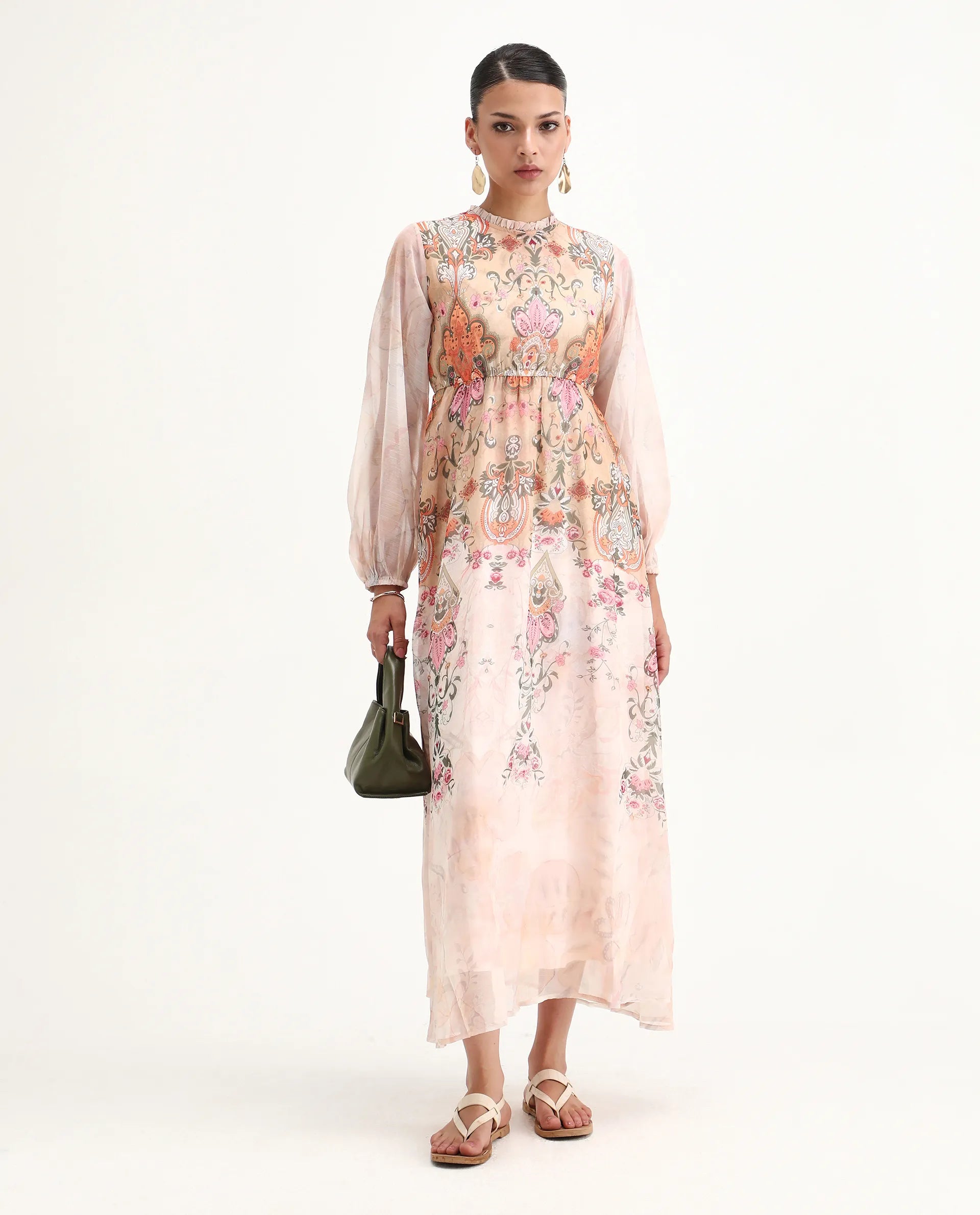 Rareism Women's Ronav Beige Polyester Ruffled Neck Floral Print Bishop Sleeve Maxi Fit And Flare Dress