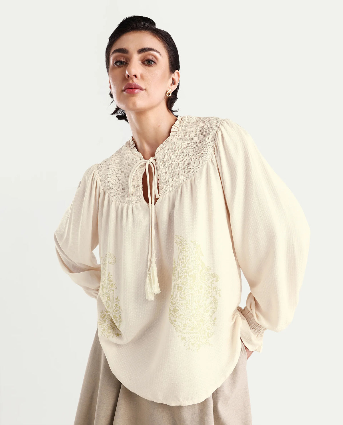 Rareism Women's Ronavi-T Beige Viscose Ruffled Neck Paisley Print Raglan Sleeve Relaxed Fit Top