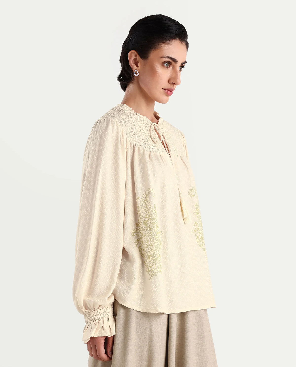 Rareism Women's Ronavi-T Beige Viscose Ruffled Neck Paisley Print Raglan Sleeve Relaxed Fit Top