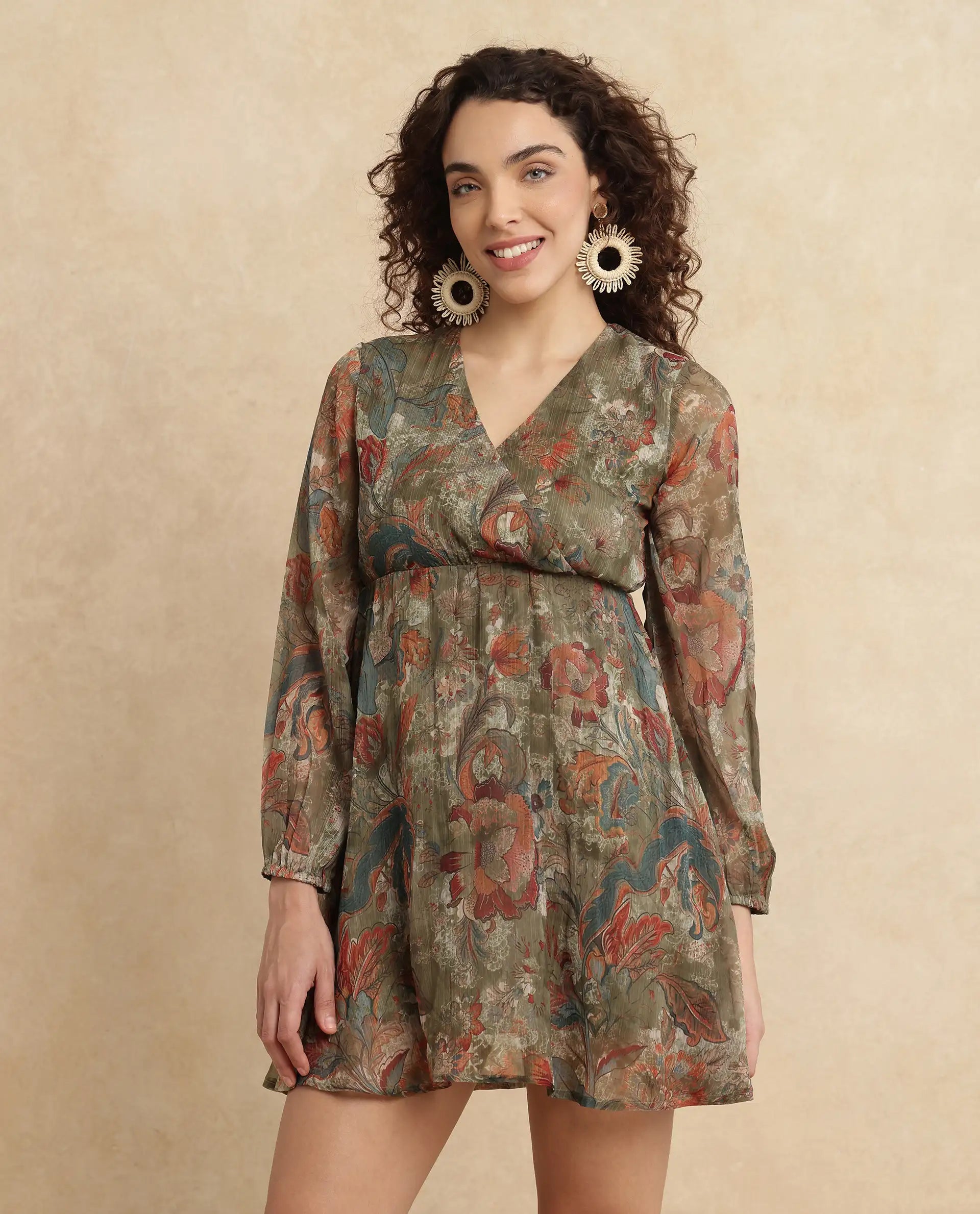 Rareism Women's Ronax Green Polyester V-Neck Floral Print Bishop Sleeve Mini Fit And Flare Dress