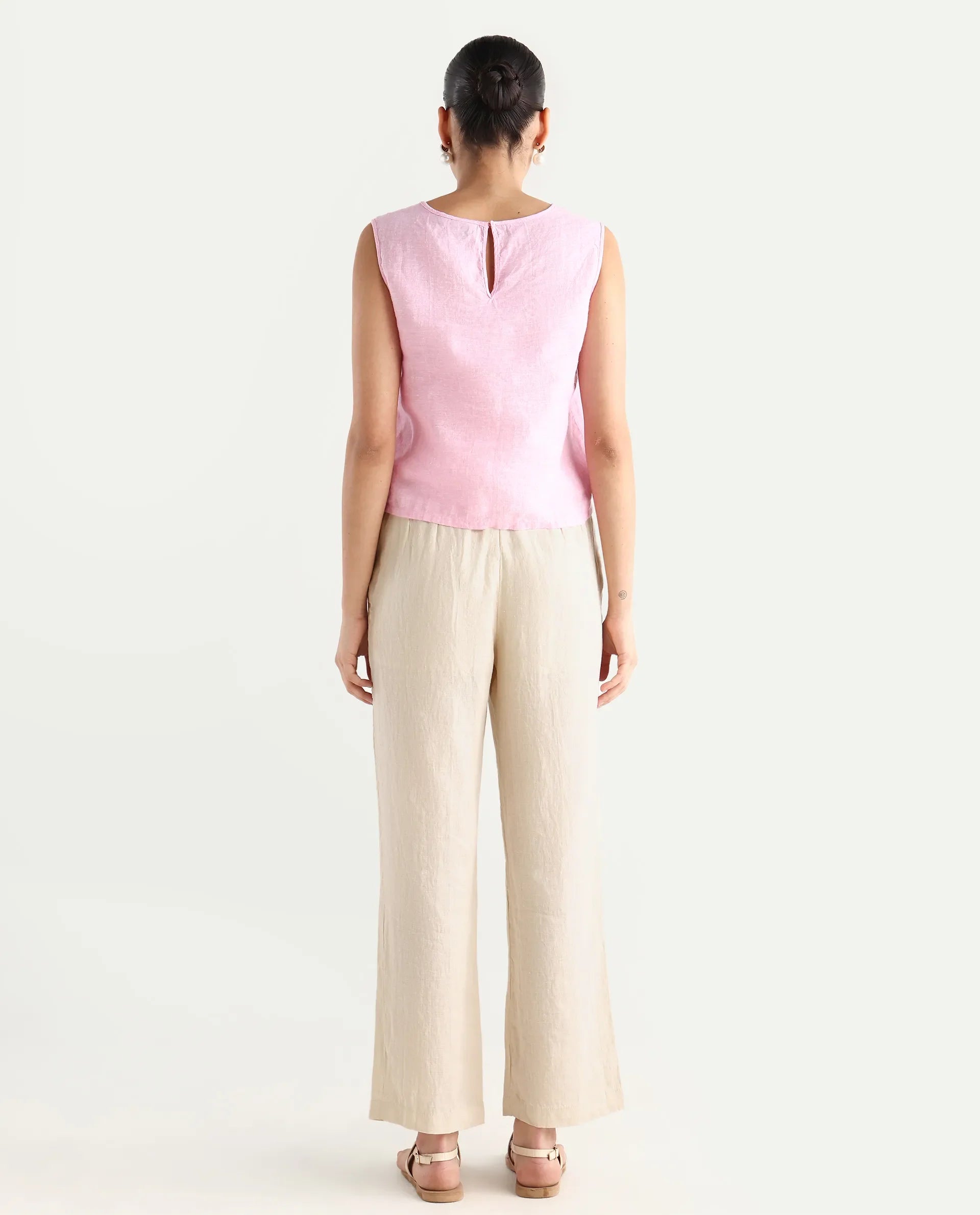 Rareism Women's Ronbla B Beige Linen Plain Ankle Length Straight Fit Trouser