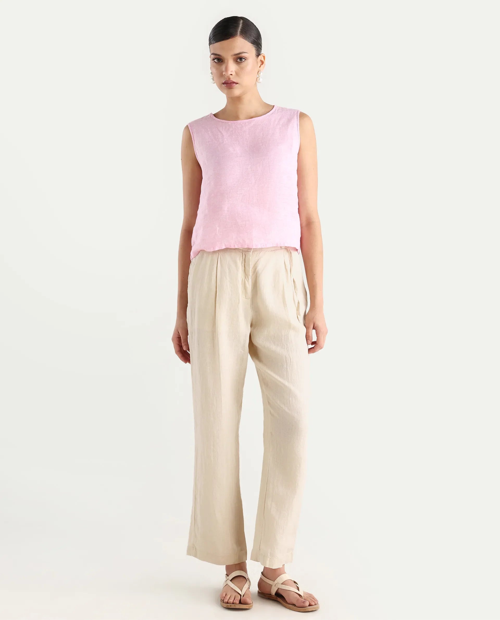 Rareism Women's Ronbla B Beige Linen Plain Ankle Length Straight Fit Trouser