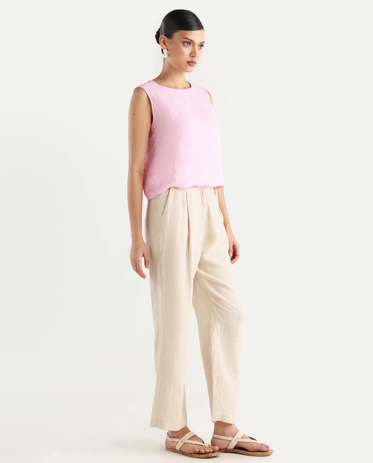 Rareism Women's Ronbla B Beige Linen Plain Ankle Length Straight Fit Trouser
