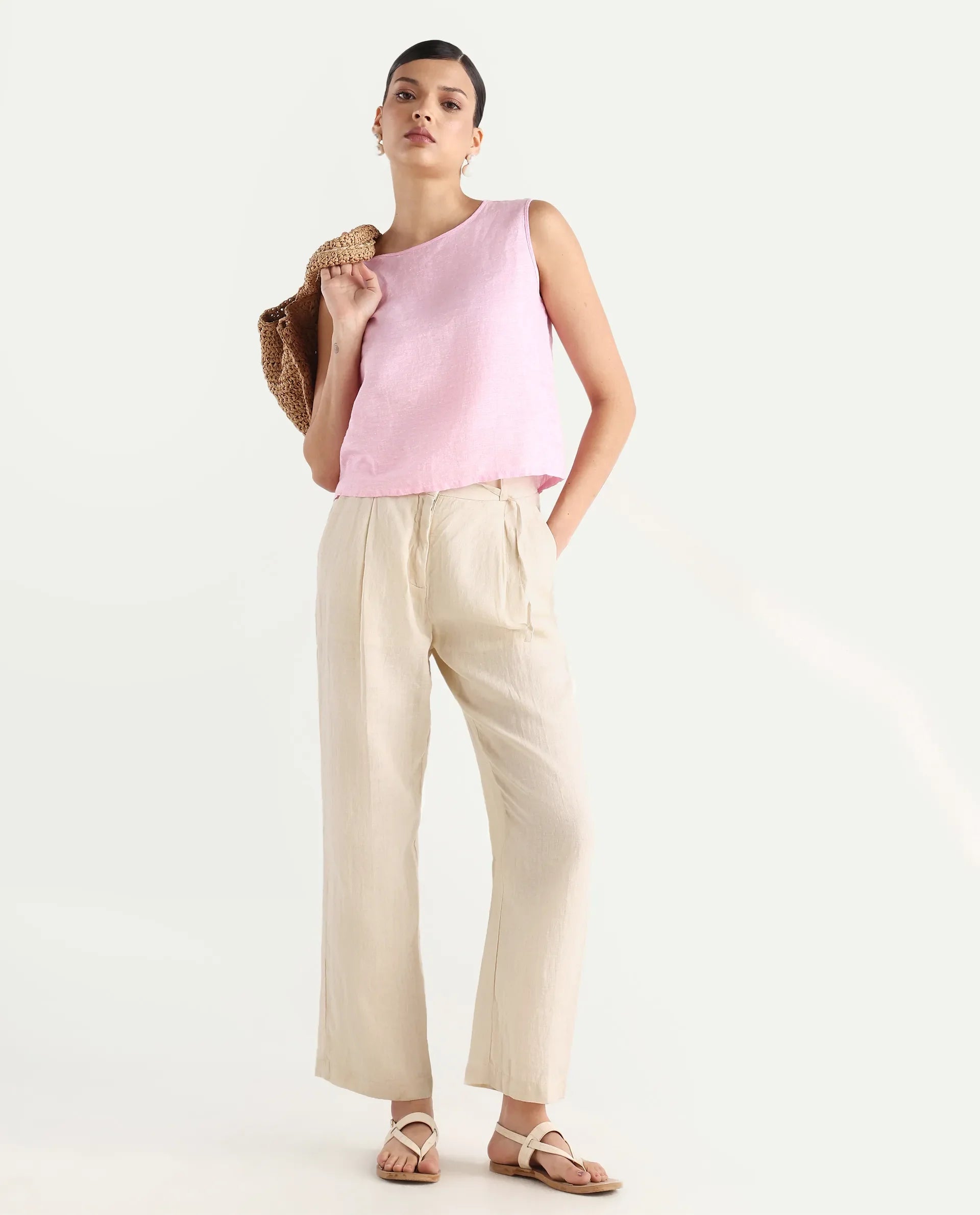 Rareism Women's Ronbla B Beige Linen Plain Ankle Length Straight Fit Trouser