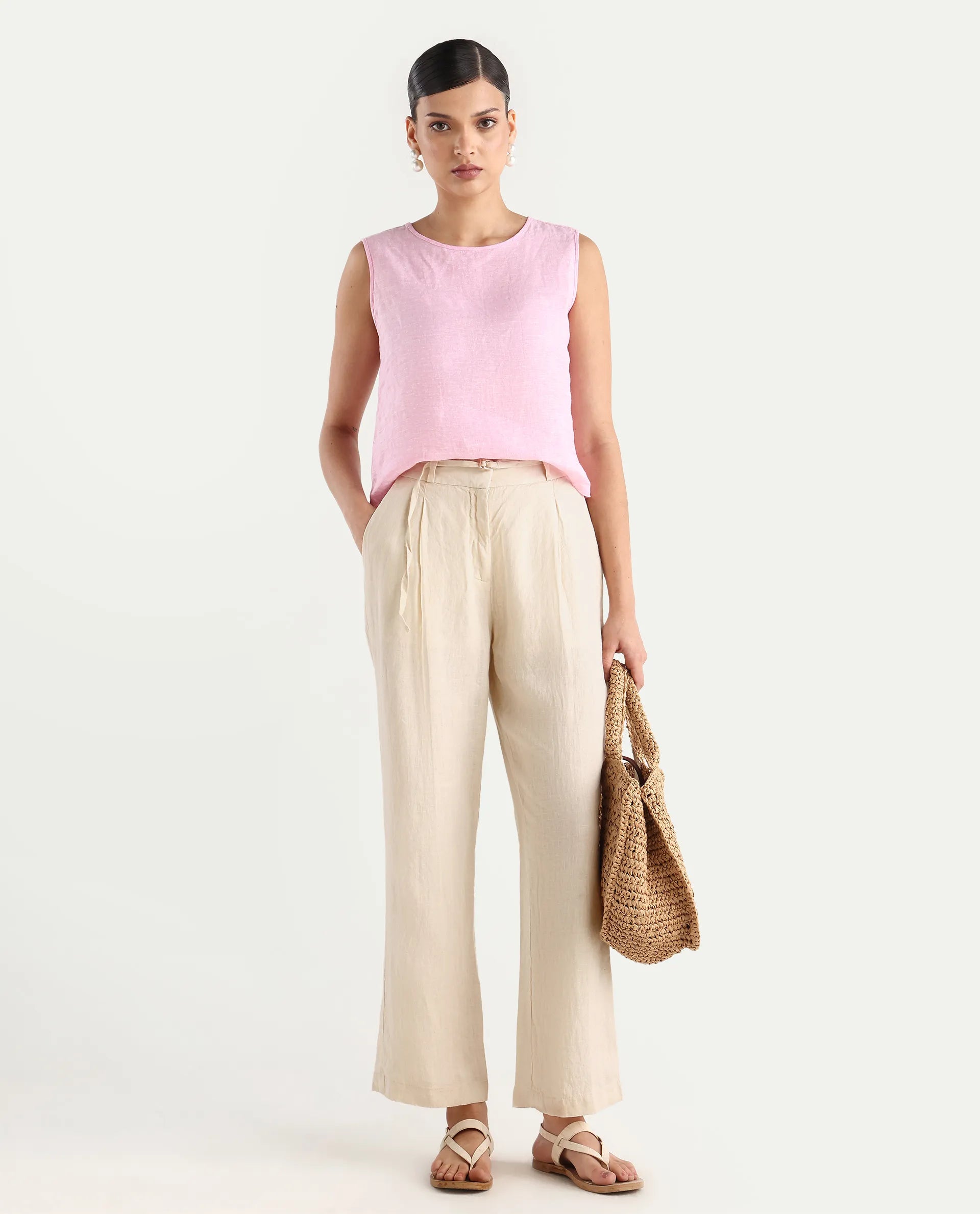 Rareism Women's Ronbla B Beige Linen Plain Ankle Length Straight Fit Trouser