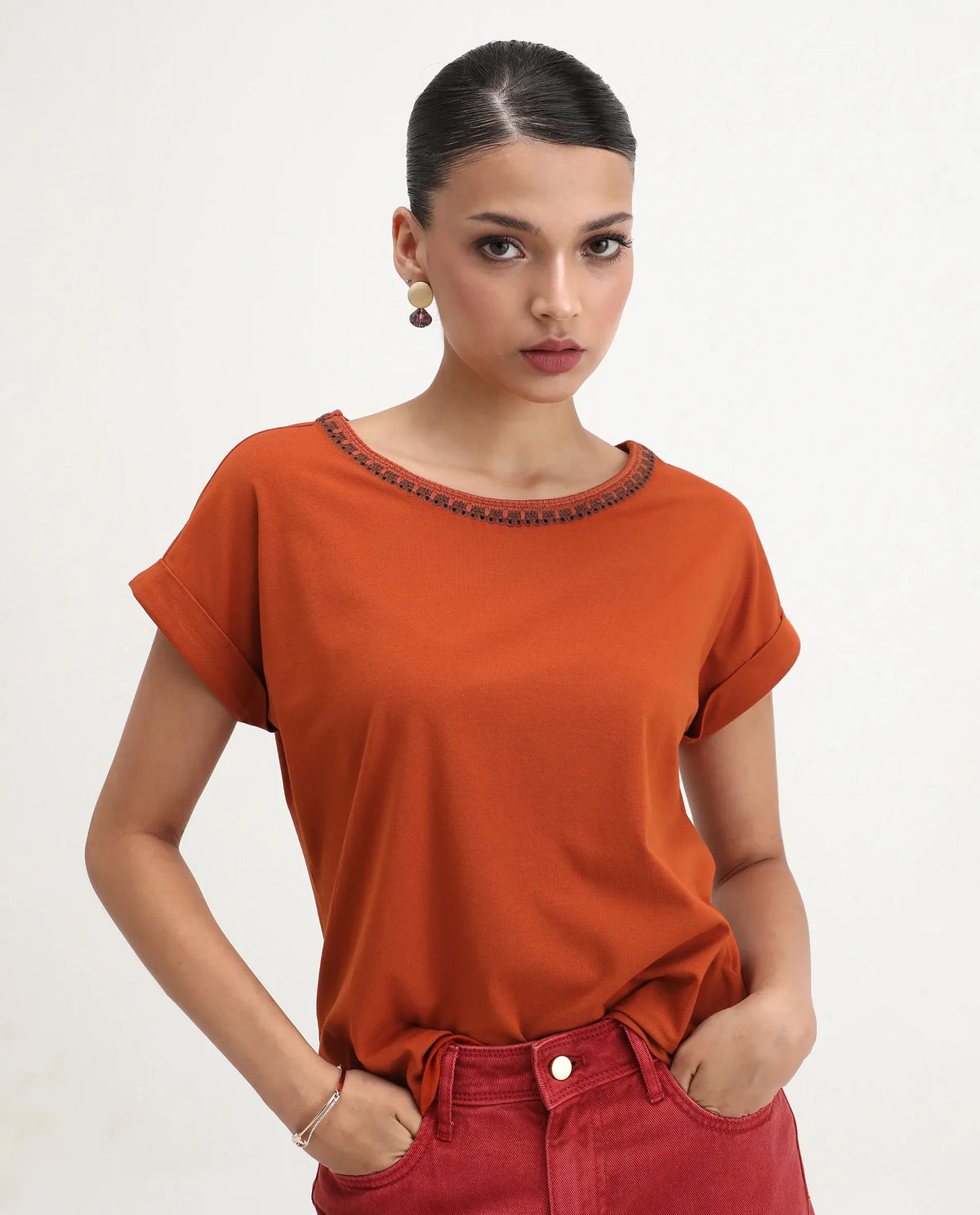 Rareism Women's Roncro Rust Cotton Blend Round Neck Plain Extended Sleeves Regular Fit T-Shirt