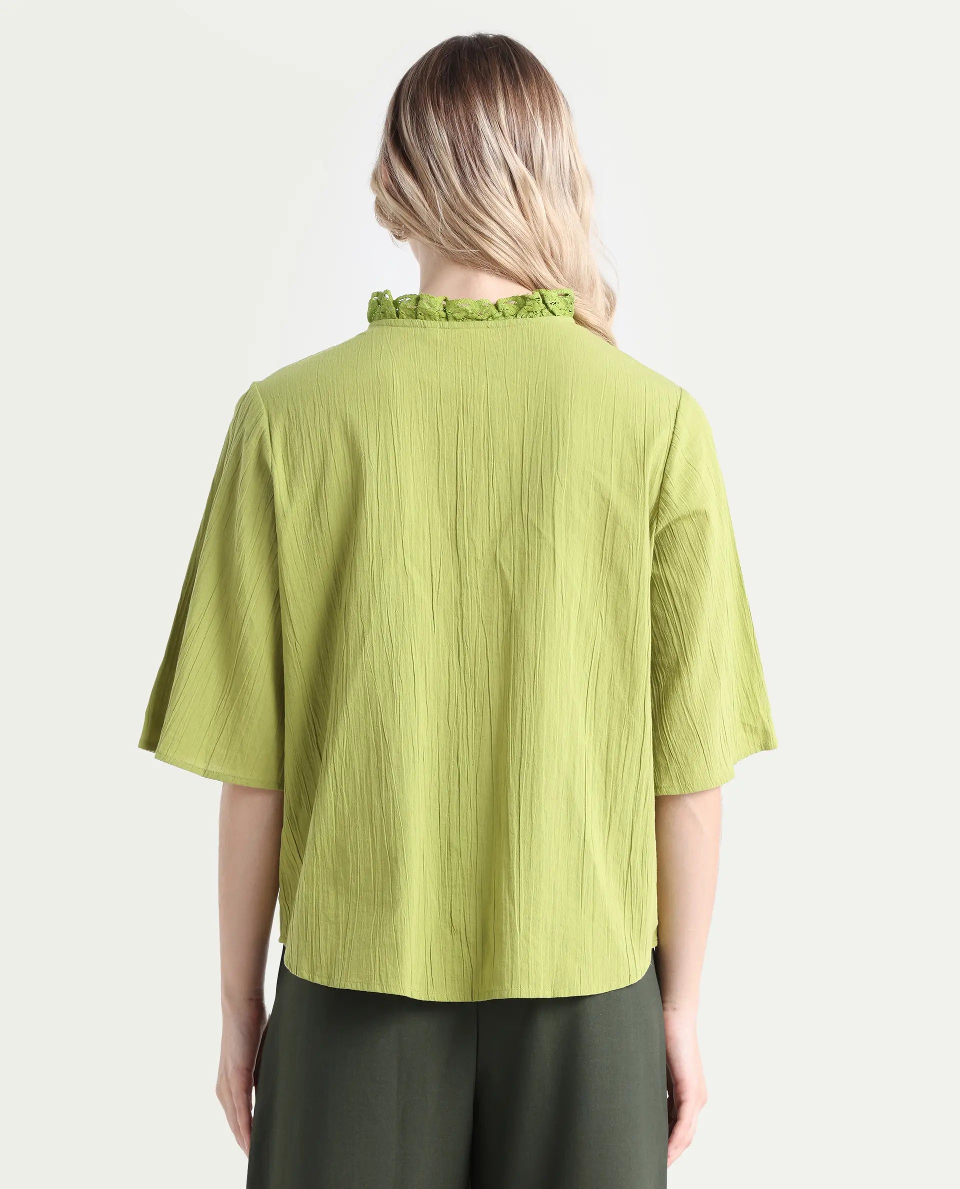 Rareism Women's Ronelpa Light Olive Cotton Round Neck Plain Bell Sleeve Regular Fit Top