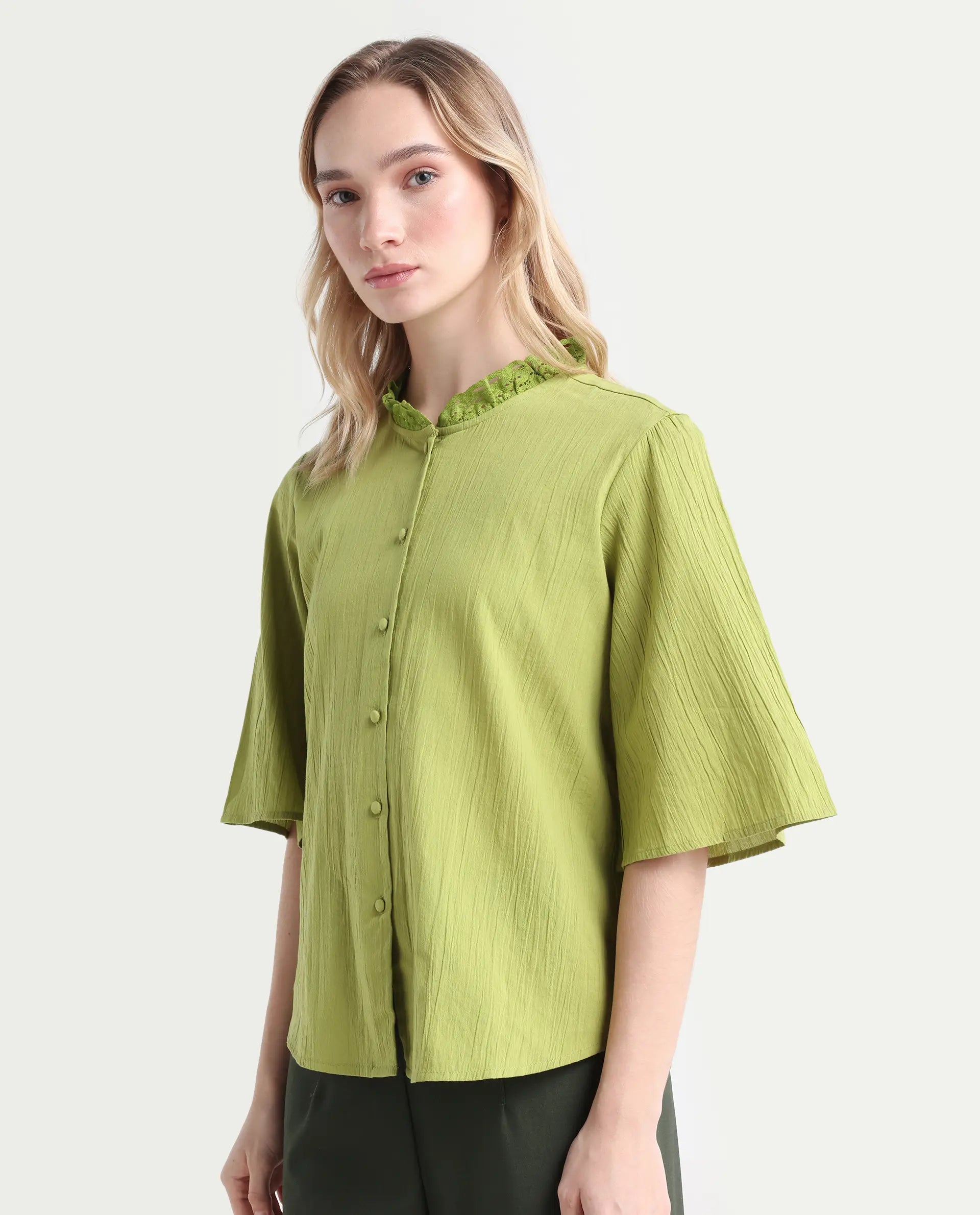 Rareism Women's Ronelpa Light Olive Cotton Round Neck Plain Bell Sleeve Regular Fit Top