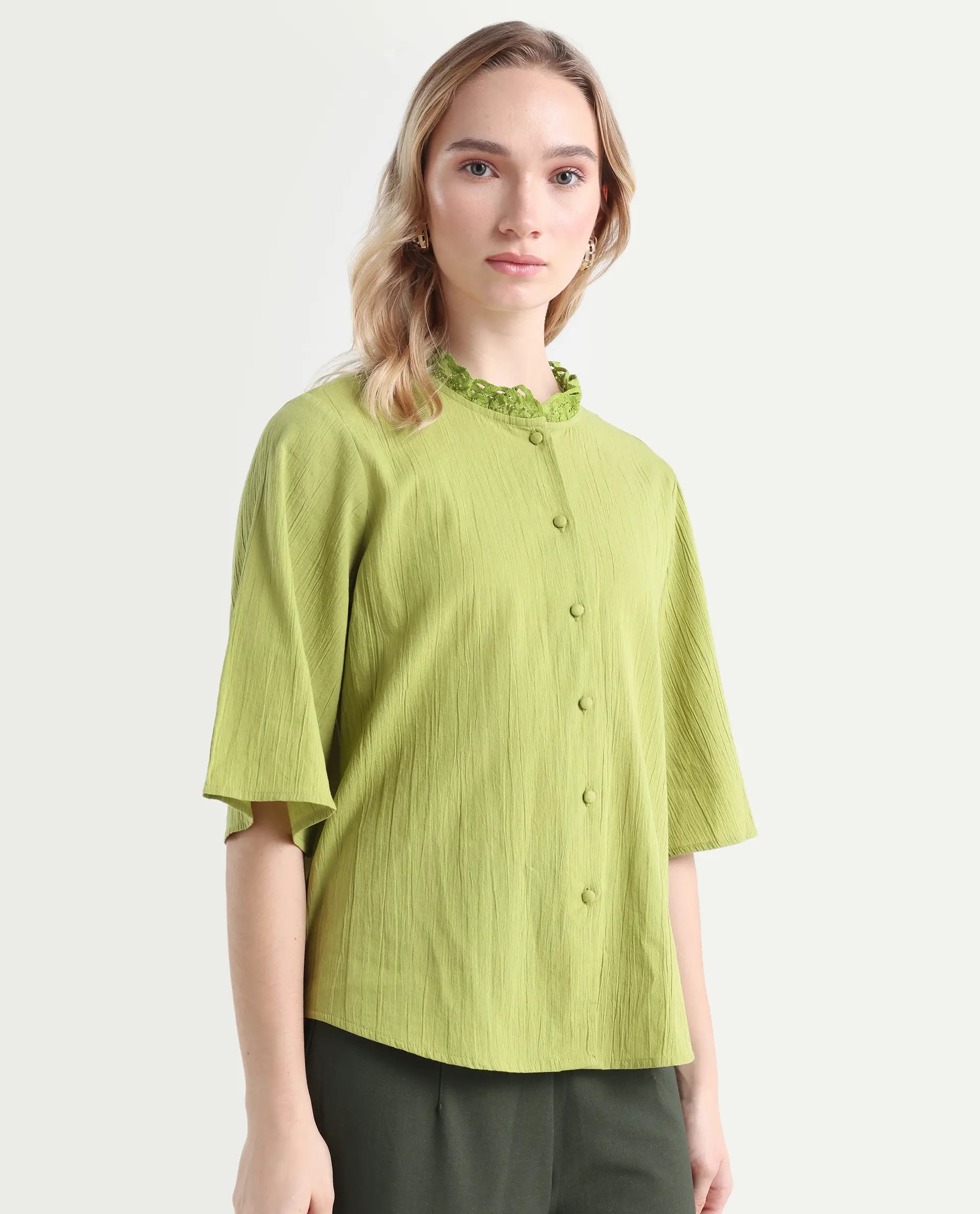 Rareism Women's Ronelpa Light Olive Cotton Round Neck Plain Bell Sleeve Regular Fit Top