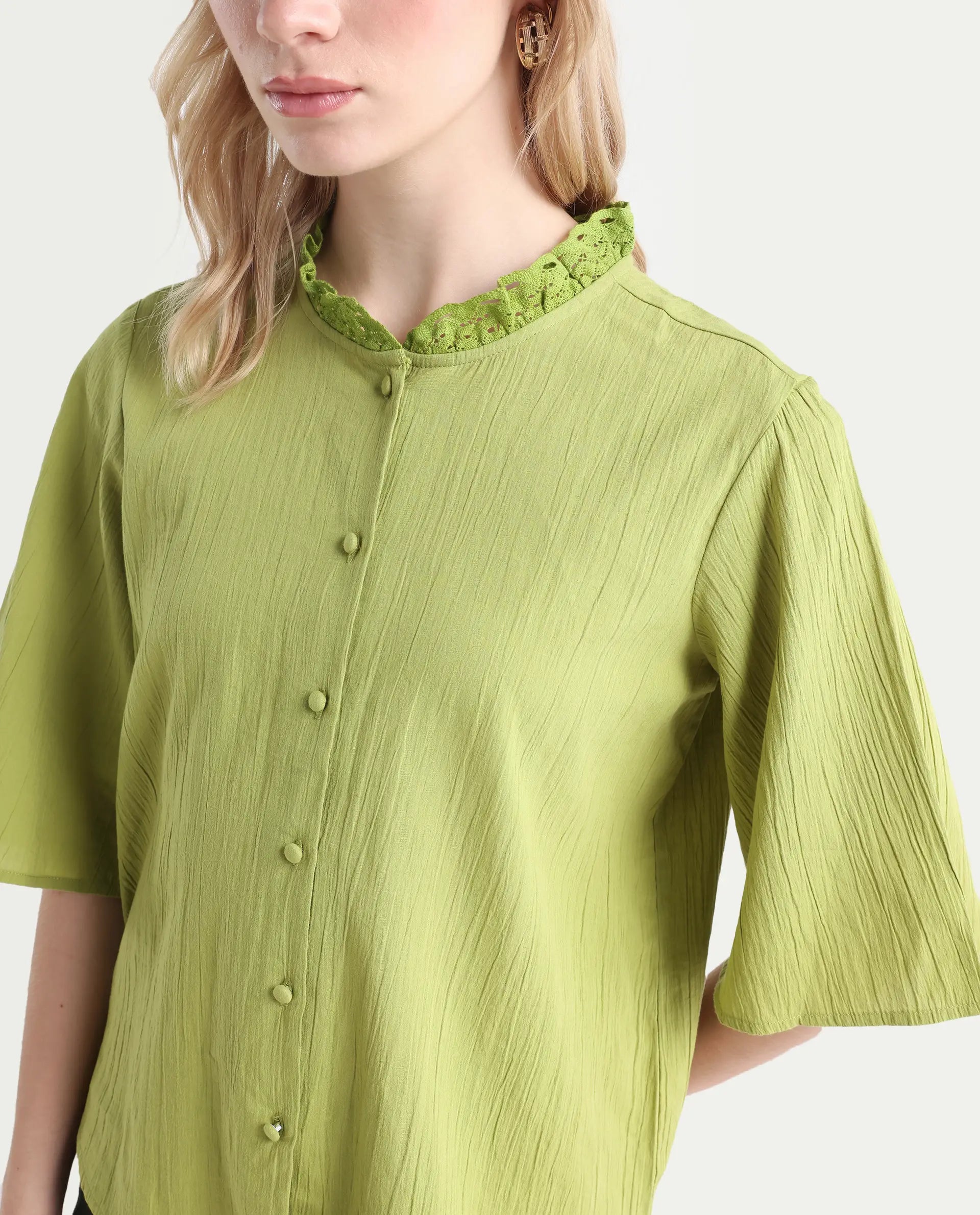 Rareism Women's Ronelpa Light Olive Cotton Round Neck Plain Bell Sleeve Regular Fit Top