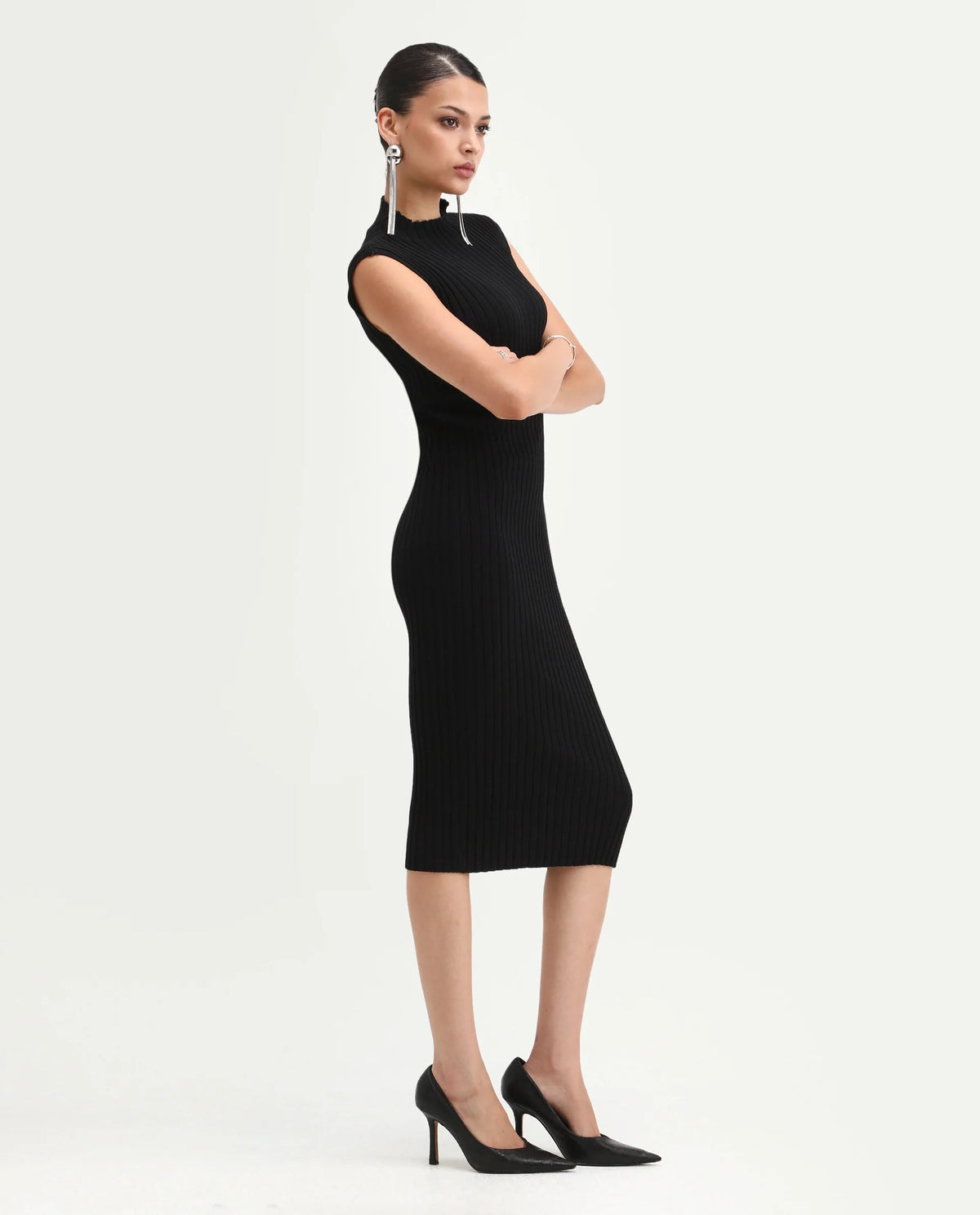 Rareism Women's Ronfa Black Viscose Blend High Neck Plain Sleeveless Midi Bodycon Dress