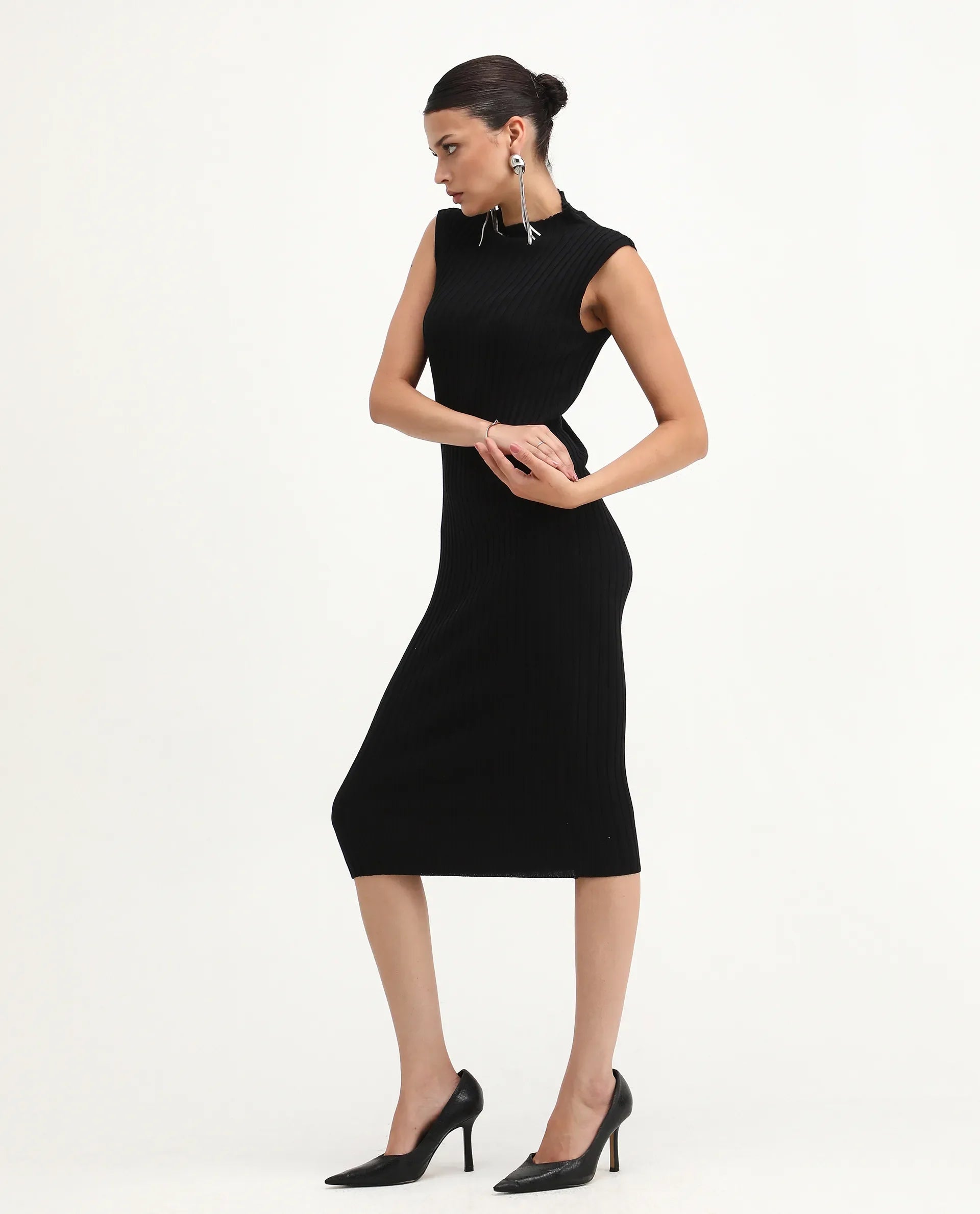 Rareism Women's Ronfa Black Viscose Blend High Neck Plain Sleeveless Midi Bodycon Dress