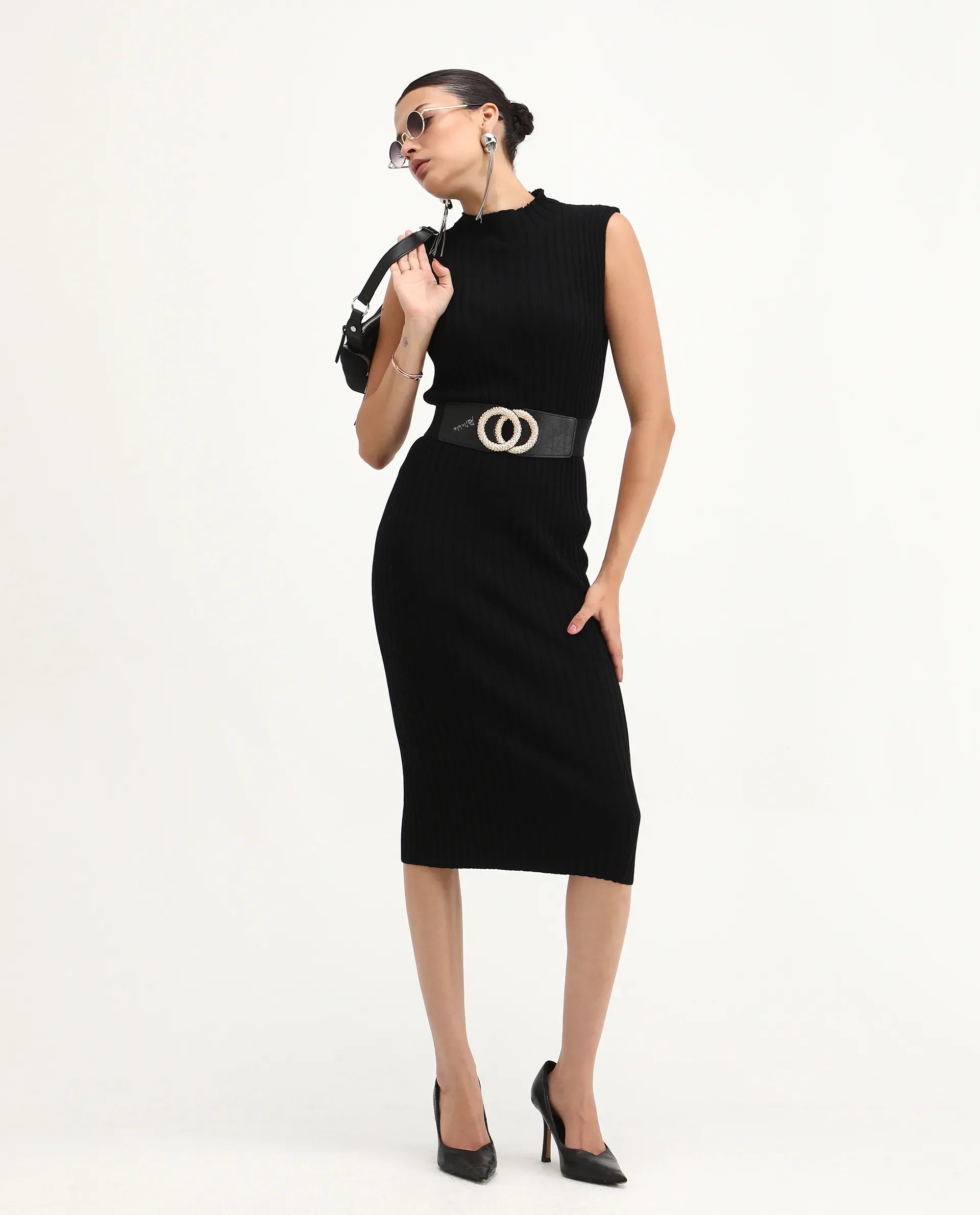 Rareism Women's Ronfa Black Viscose Blend High Neck Plain Sleeveless Midi Bodycon Dress