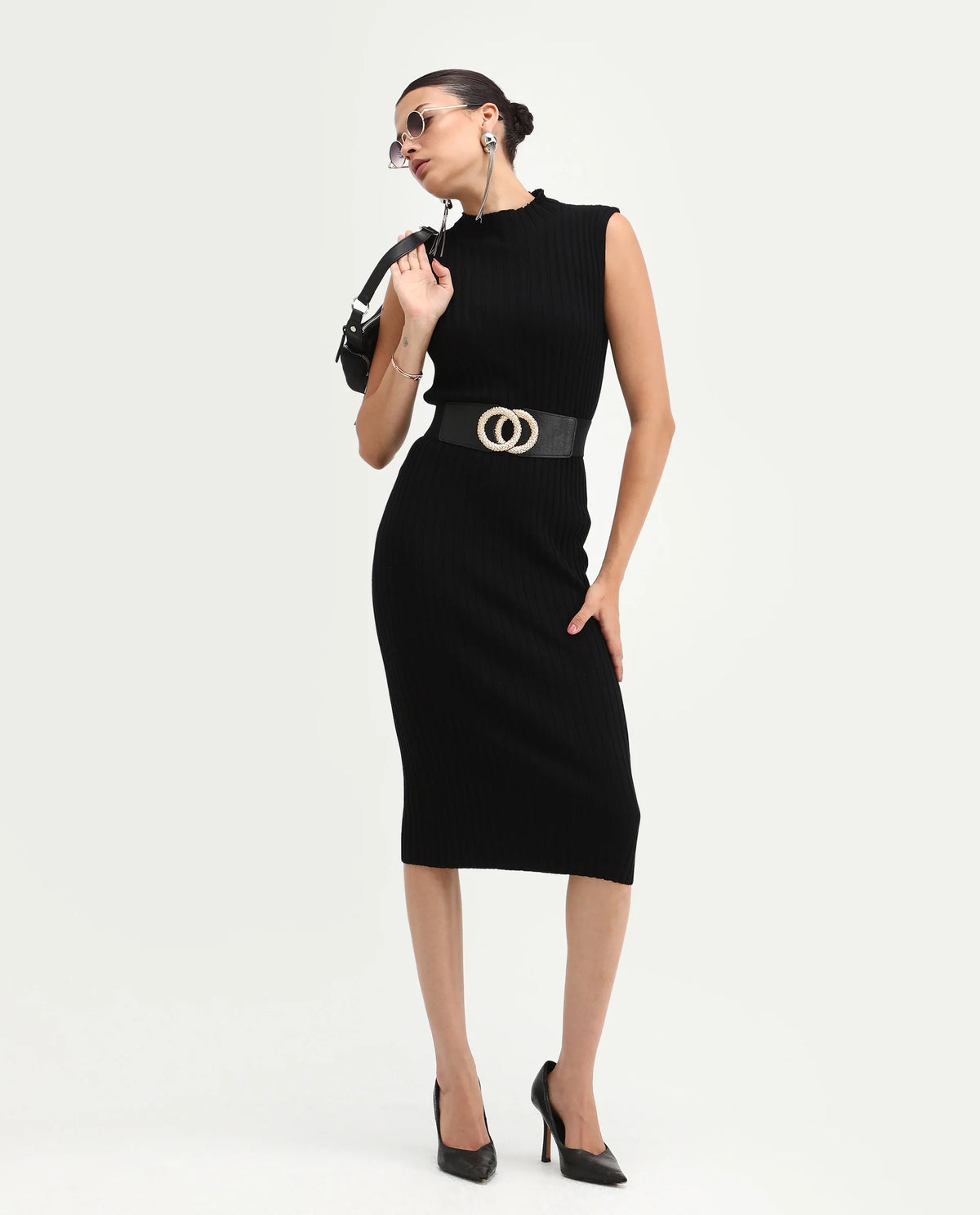 Rareism Women's Ronfa Black Viscose Blend High Neck Plain Sleeveless Midi Bodycon Dress