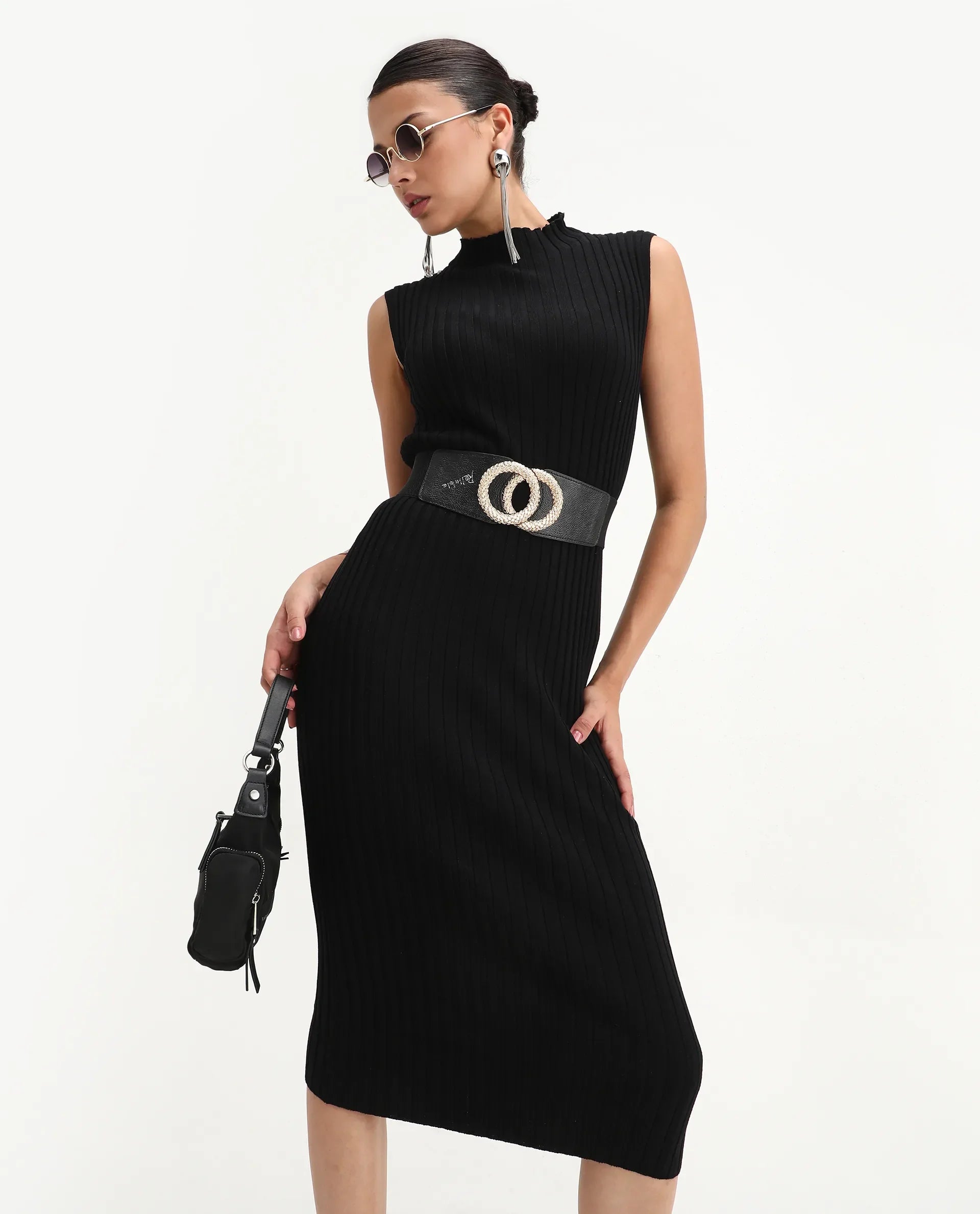 Rareism Women's Ronfa Black Viscose Blend High Neck Plain Sleeveless Midi Bodycon Dress