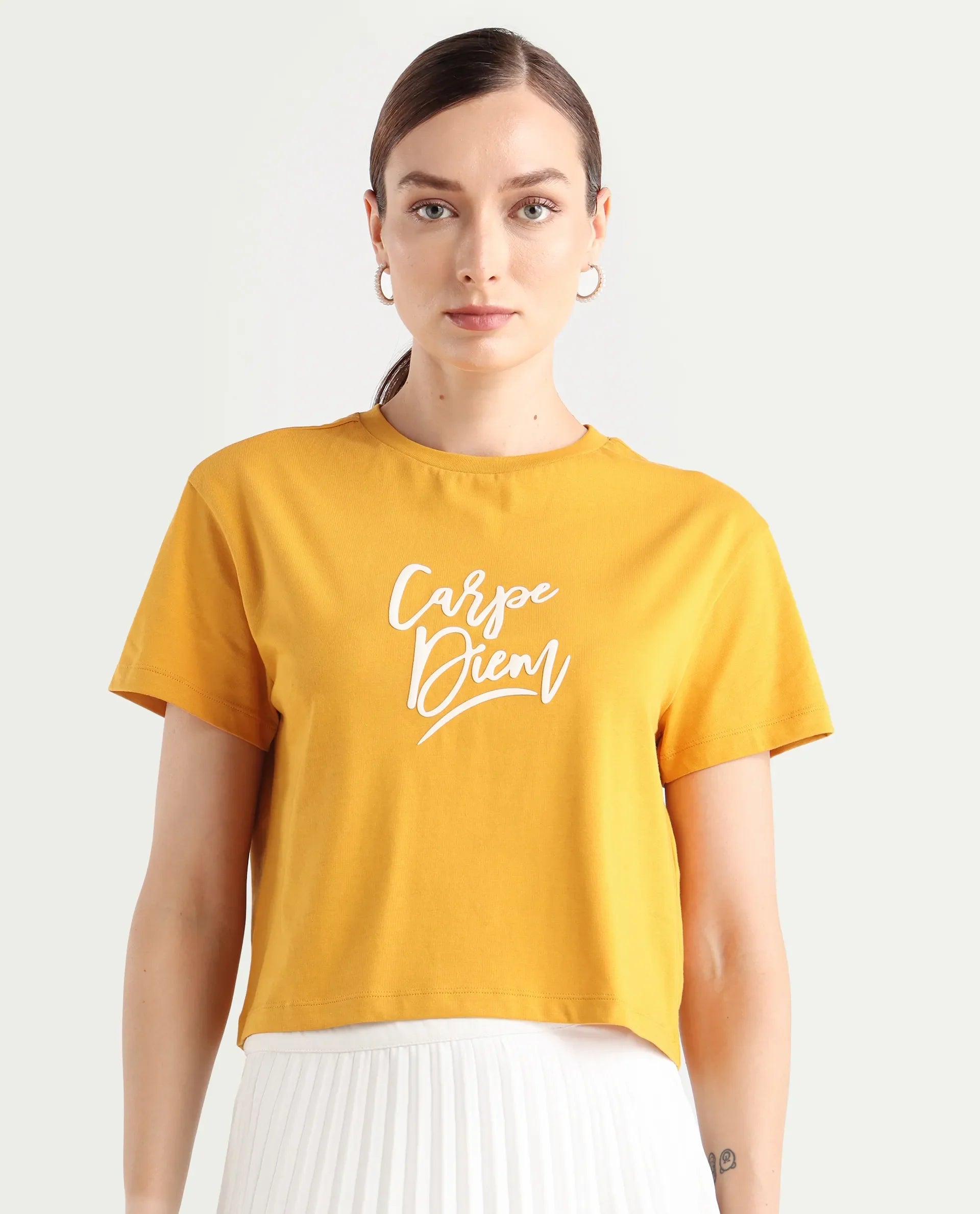 Rareism Women's Ronfel-R Mustard Cotton Regular Typography Print T-Shirt