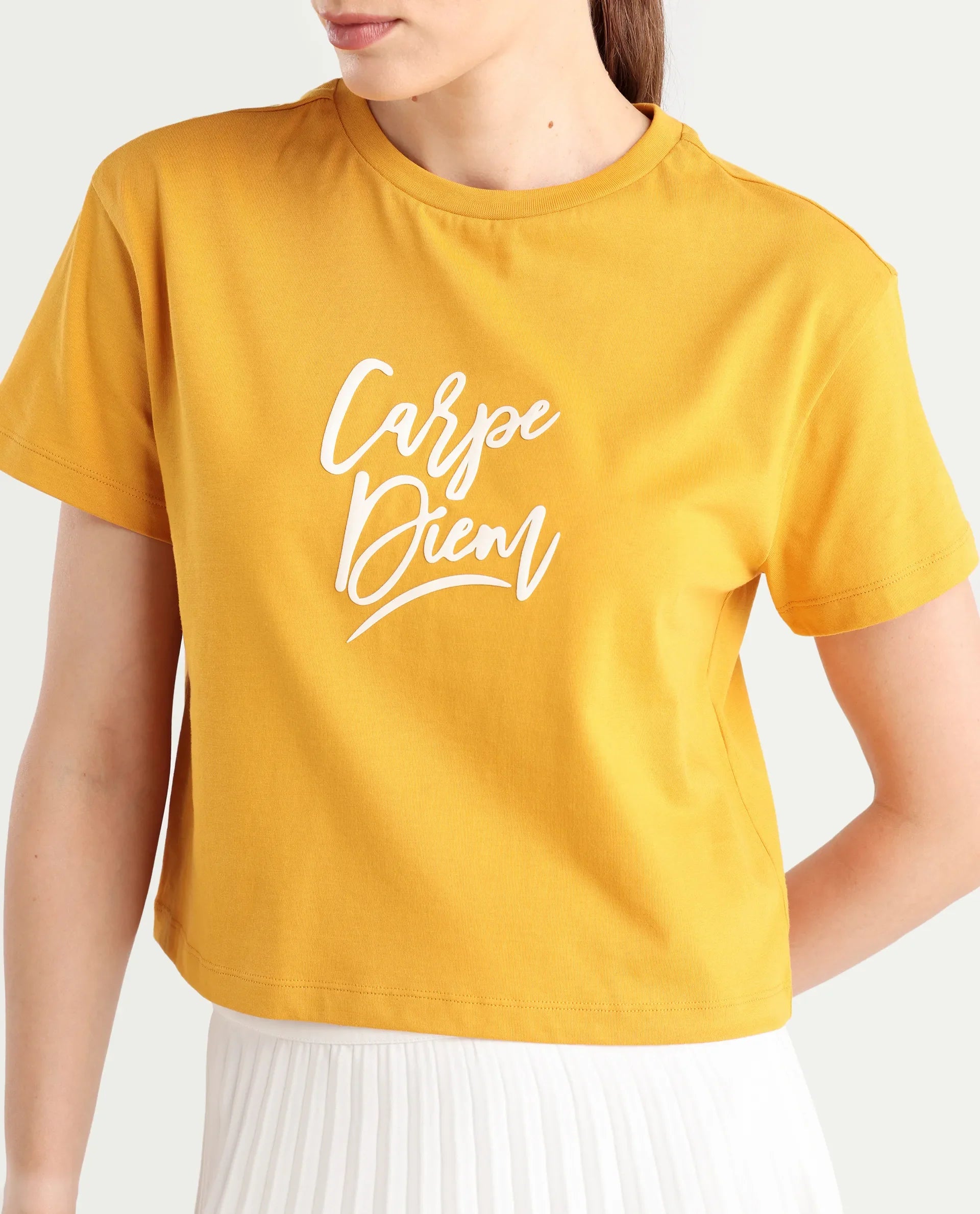 Rareism Women's Ronfel-R Mustard Cotton Regular Typography Print T-Shirt