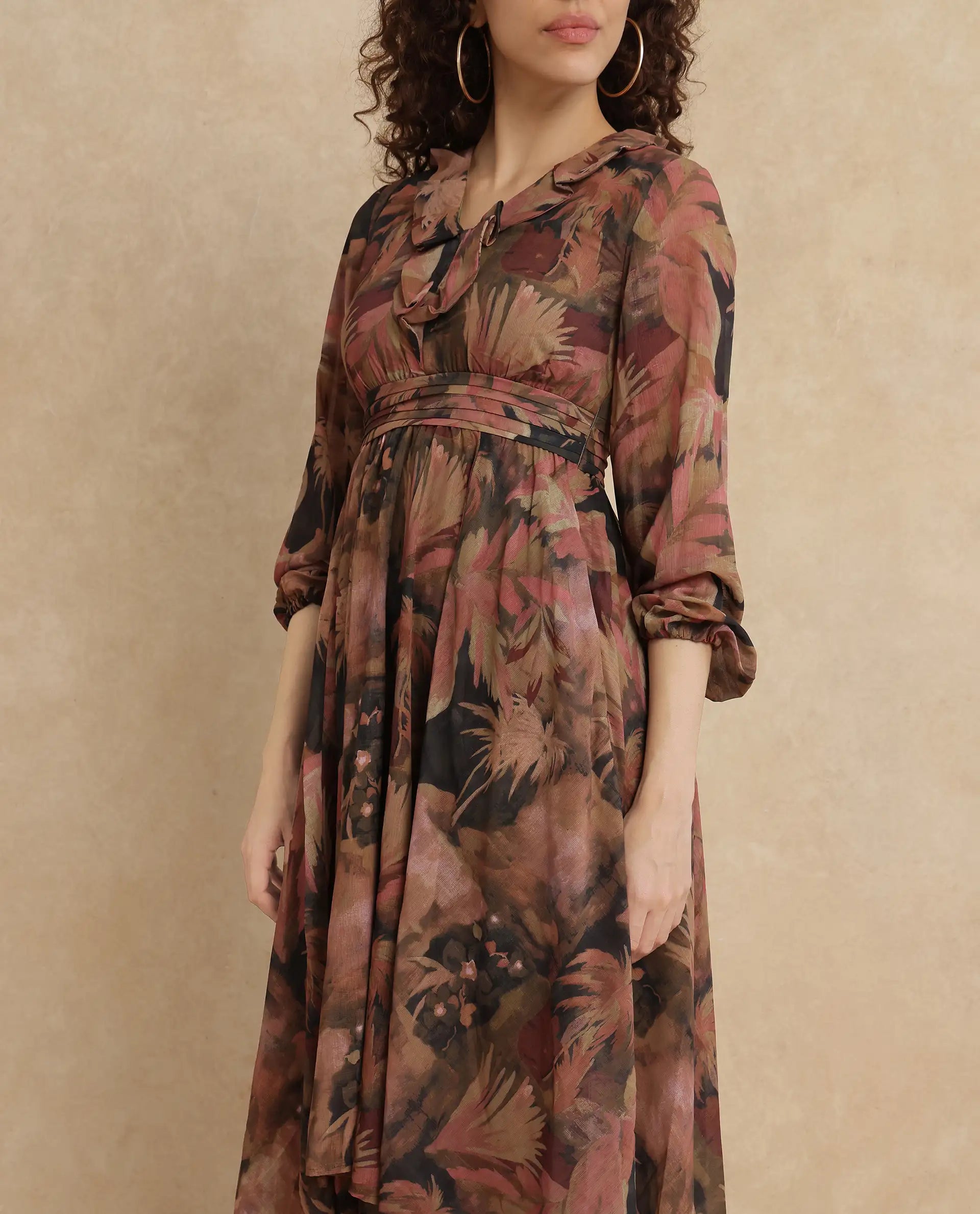 Rareism Women's Ronfriko Dark Green Polyester Fabric V-Neck Zipper Closure Bell Sleeve Floral Print Fit And Flare Midi Dress